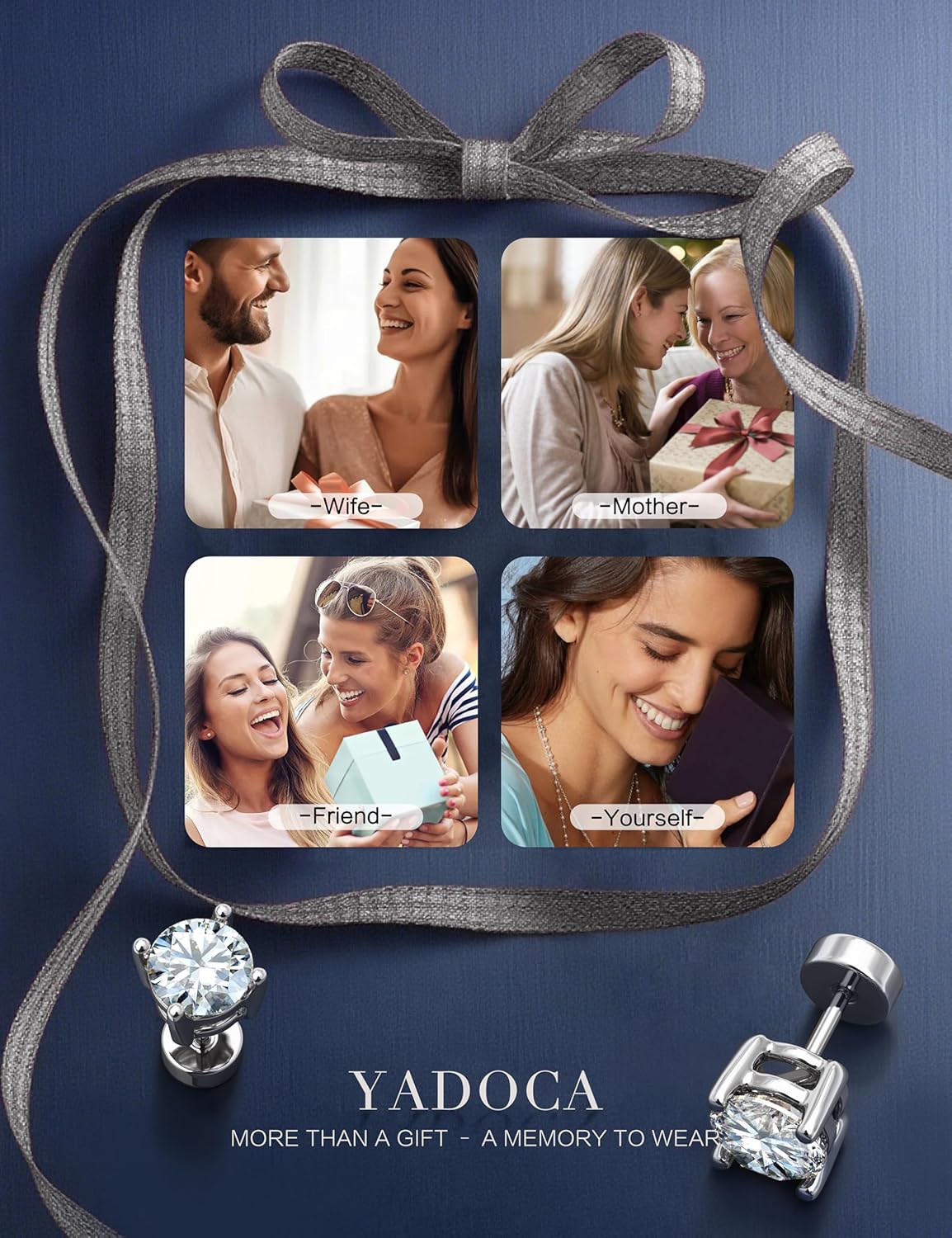 YADOCA 4 Pairs Flat Back Stud Earrings for Women Hypoallergenic 925 Sterling Silver Post Cubic Zirconia Earrings Set Halo Round Heart Square Diamond Silver Gold Studs - Image 8