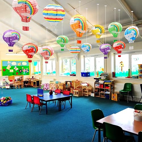 Miniatura 5 de Juego de linternas de papel colgantes de arco iris con globo aerostático, decoración de fiesta, Navidad, boda, cumpleaños, fiesta, regalo, 12