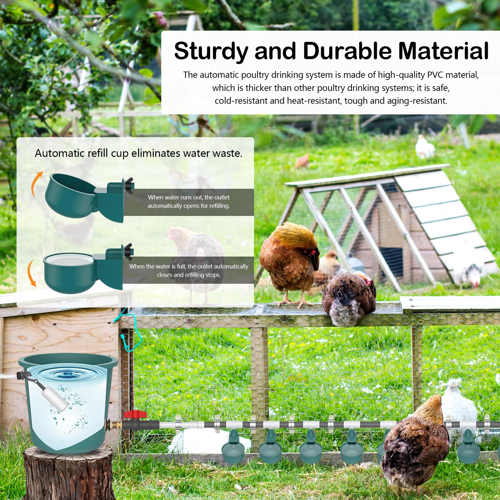Bebedero para Gallinas, Bebedero Automático para Aves de Corral y Taladro Agua para Pollos con 9 bebederos y 10 Tubos de Agua Kit para Aves Palomas Pollos Suministros Comedero de Pollo (Sin Balde)