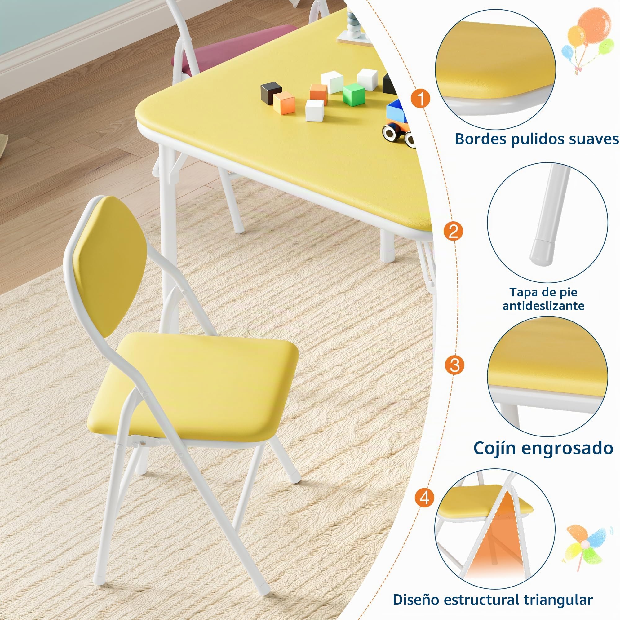 Mesa infantil plegable con 4 sillas, conjunto de mesa y silla infantil para jardín de niños, mesa de actividades para comedor, guardería, aula, colorido