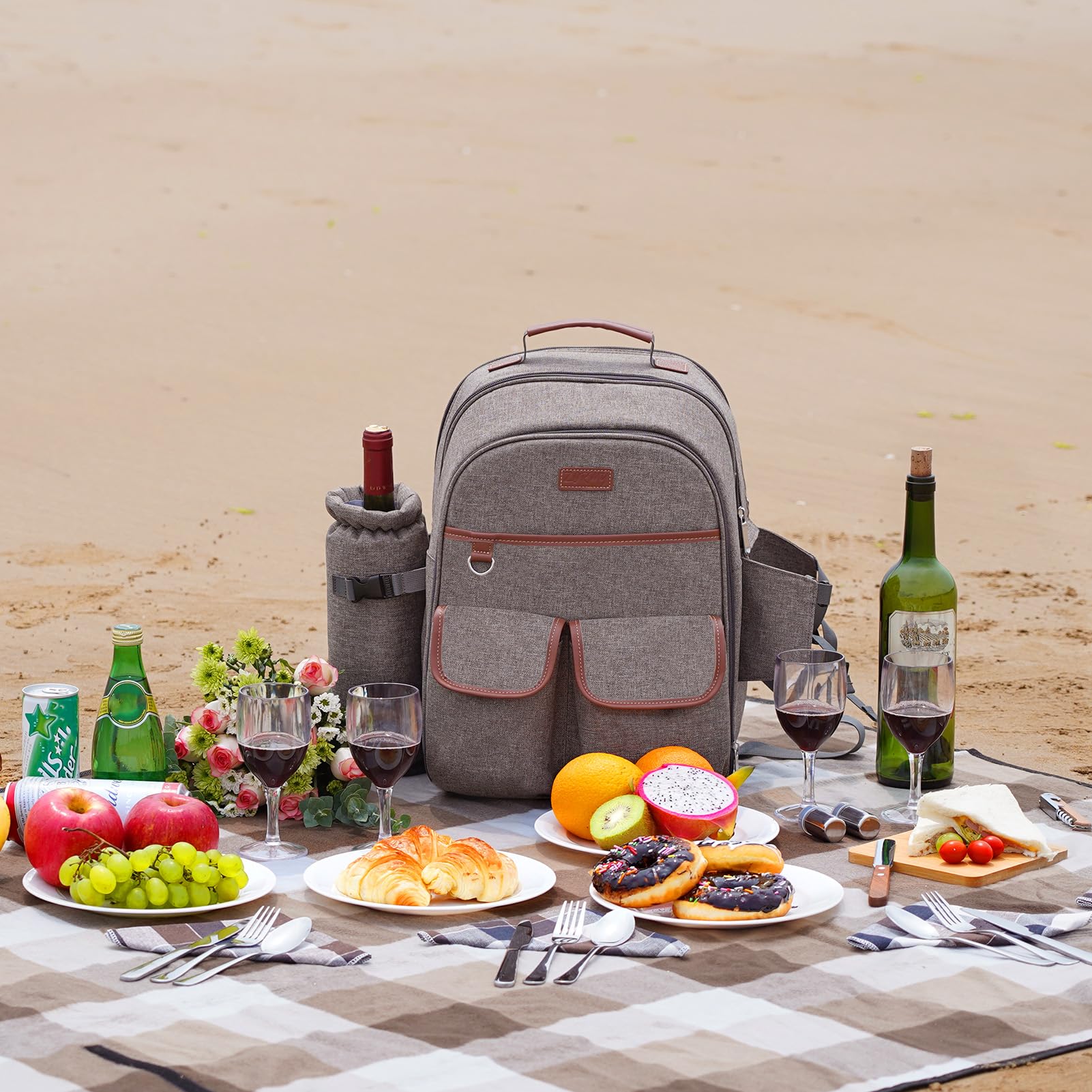 Picknick Rucksack Set für 4 Personen mit Kühlfach, Picknicktasche mit Wasserdichter Tasche, Isolierflasche/Weinhalter, Fleecedecke und Besteck für Camping, Geschenke für Paare Hochzeitstag