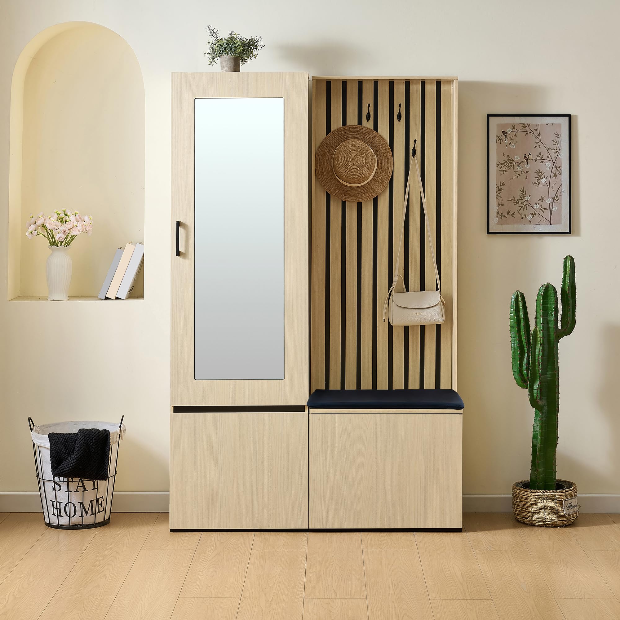 Merax Garderobenschrank mit Spiegel und Sitzbank – Modernes Flurmöbel-Set mit Schuhablage, ausziehbarer Kleiderstange, 4 Haken, Stauraum für Flur, Schlafzimmer & Eingangsbereich