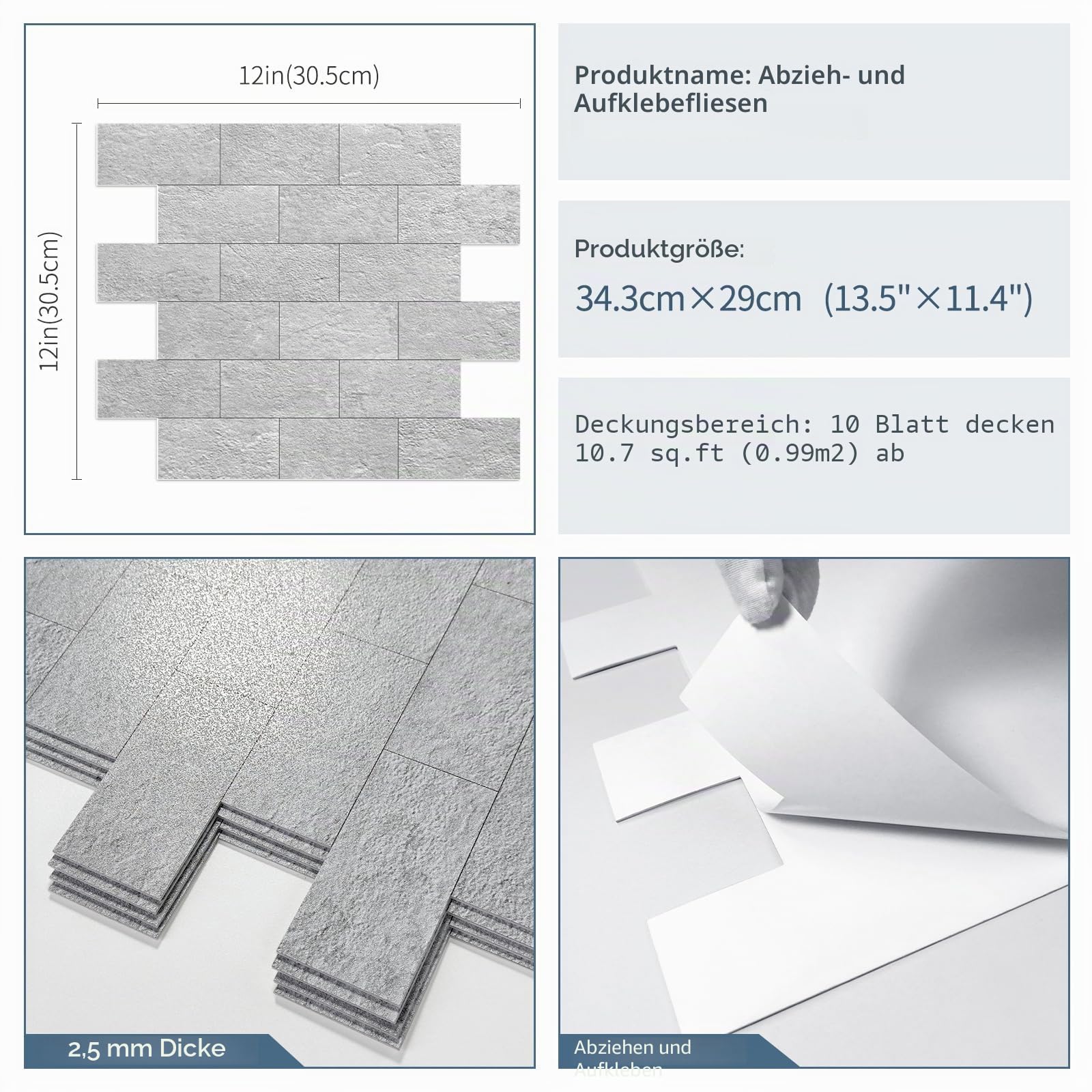 DEWOO Selbstklebende Wandpaneele Fliesen Küchenrückwand Grau 10 Stück 34 x 29 cm