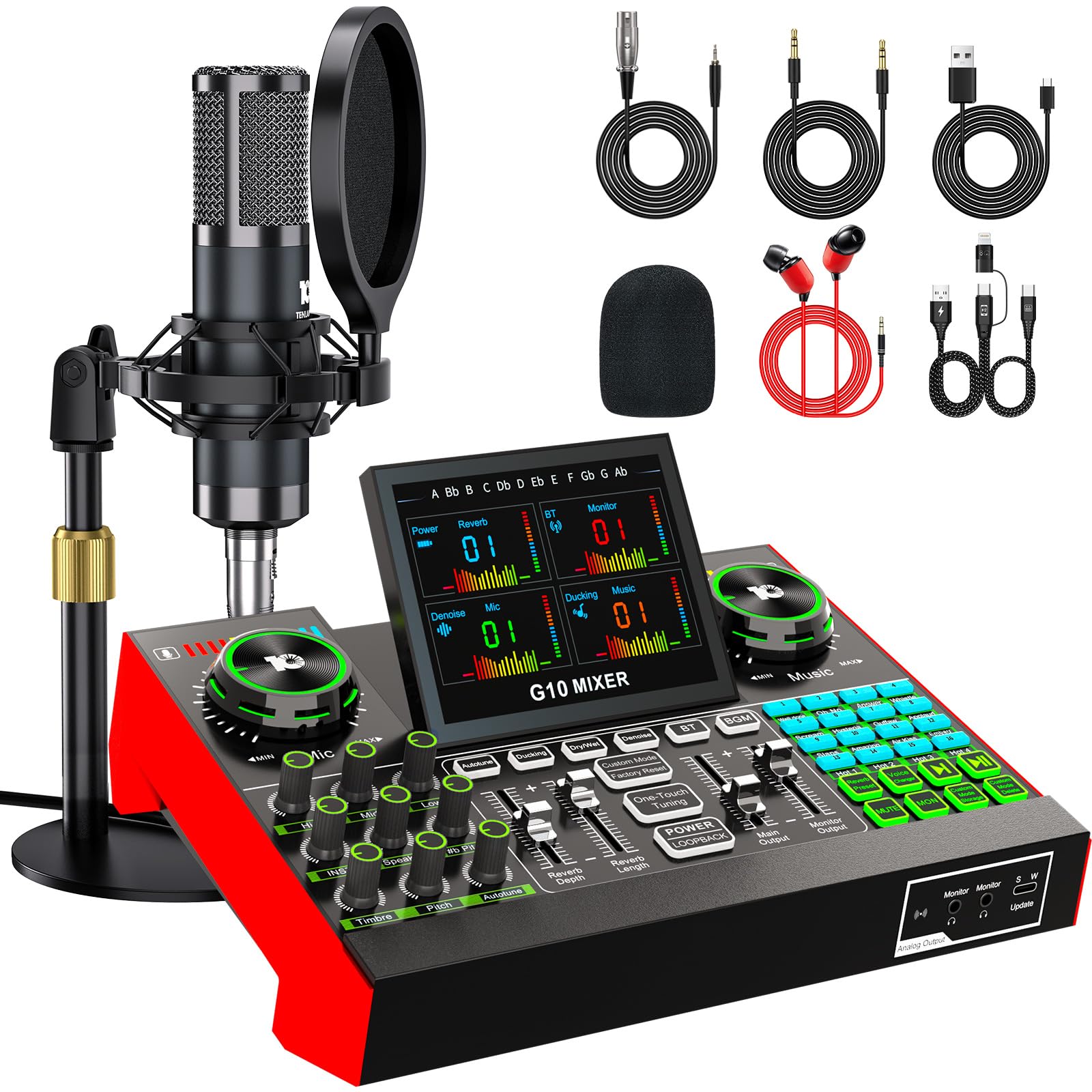 Podcast Microphone Bundle with Live Sound Board Audio Mixer, Podcast Equipment Bundle with 3.5mm Condenser Microphone(P15) for Pc/Phone Live Streaming Singing Gaming, Voice Changer, Denoise