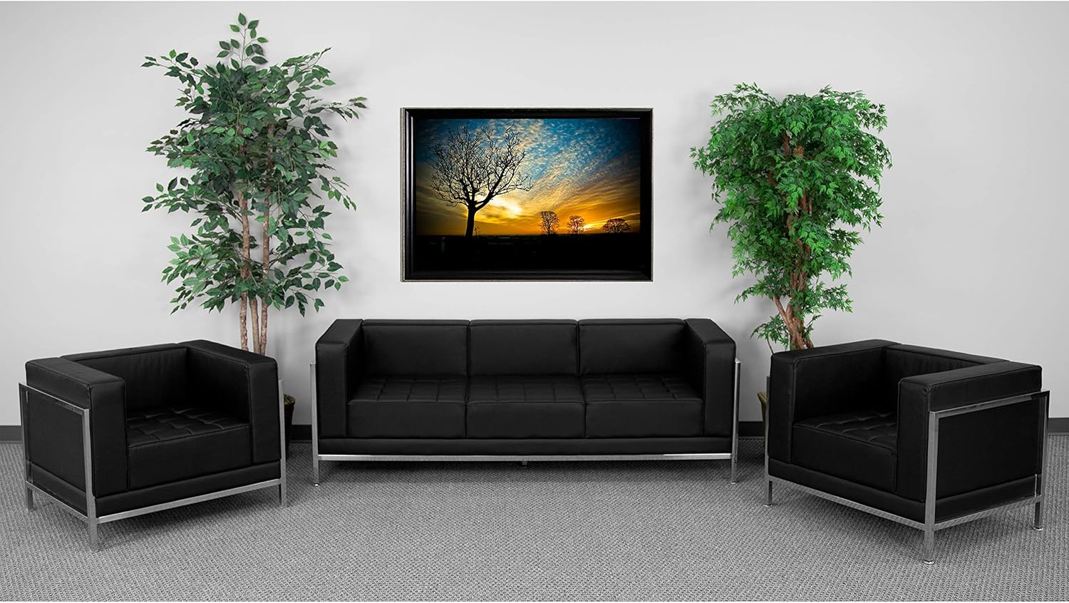 Flash Furniture HERCULES Imagination Series 3 Piece Black LeatherSoft Upholstered Sofa & Chair Set with Stainless Steel Legs
