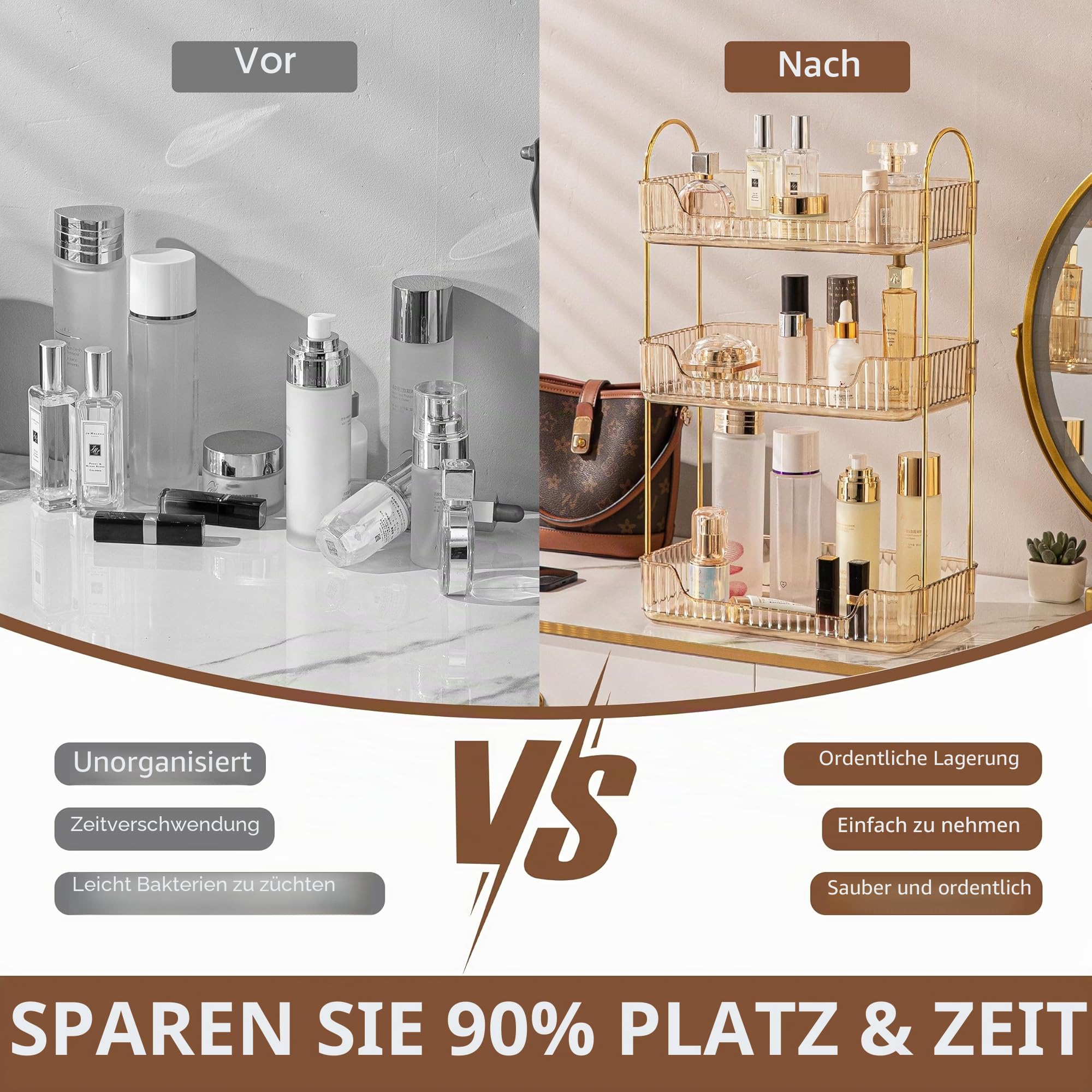 CESTATIVO Make up Organizer, Kosmetik Organizer, Beauty Organizer, Hautpflege Organizer für Badezimmer (3 Schichten, Bernstein)