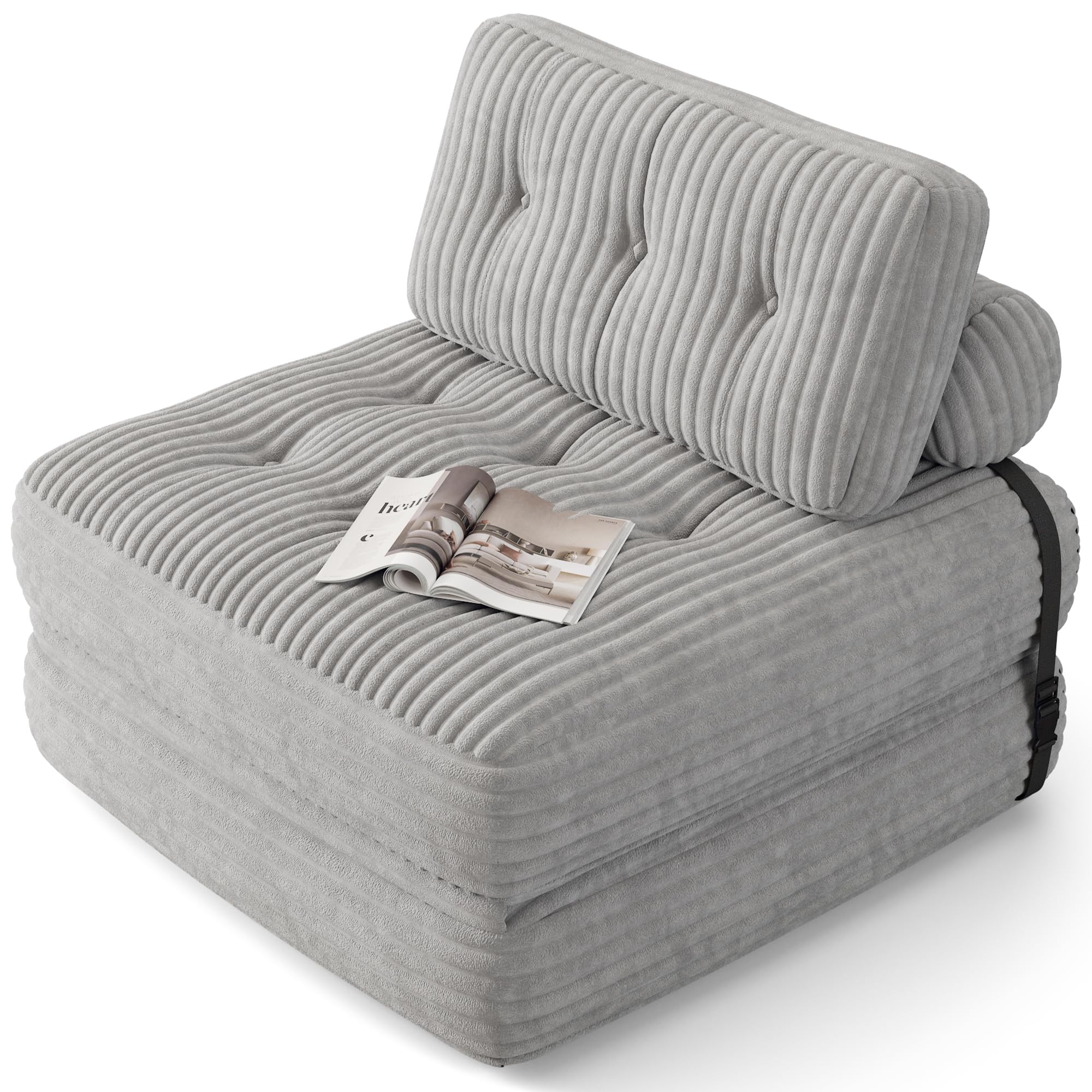 Xbro Składana sofa rozkładana z oparciem, przenośny fotel rozkładany w łóżku 2 w 1 do małych przestrzeni, sztruksowa tkanina z wypełnieniem piankowym, 190 x 85 cm rozłożony (jasnoszary)
