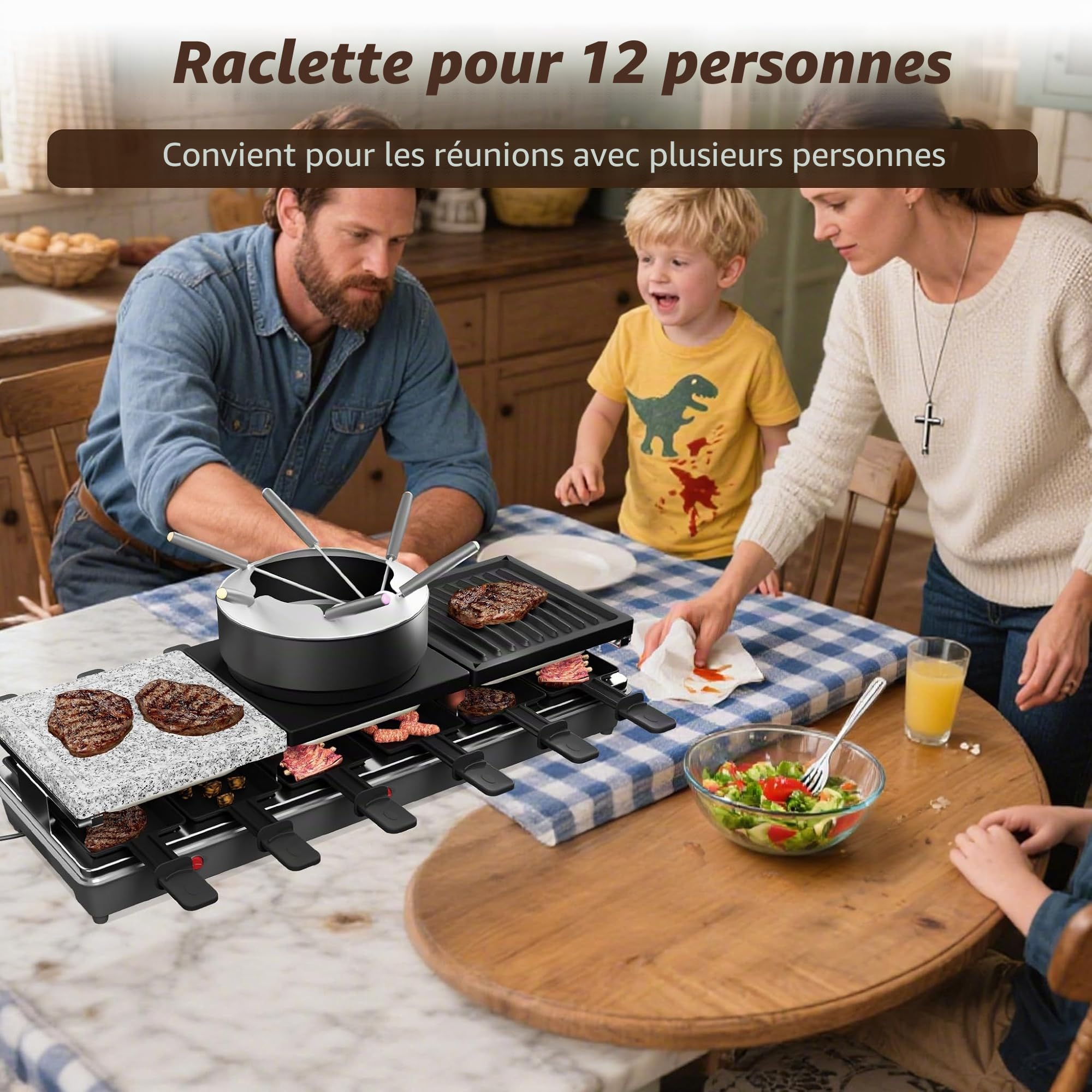 UISEBRT Raclette Grill pour 12 Personnes, Appareil à Raclette 3 en 1 avec Caquelons, Set de Fondue, Pierre Chaude, 12 Caquelons et 12 Spatules en Bois, Grill à Raclette avec Plaque de Cuisson