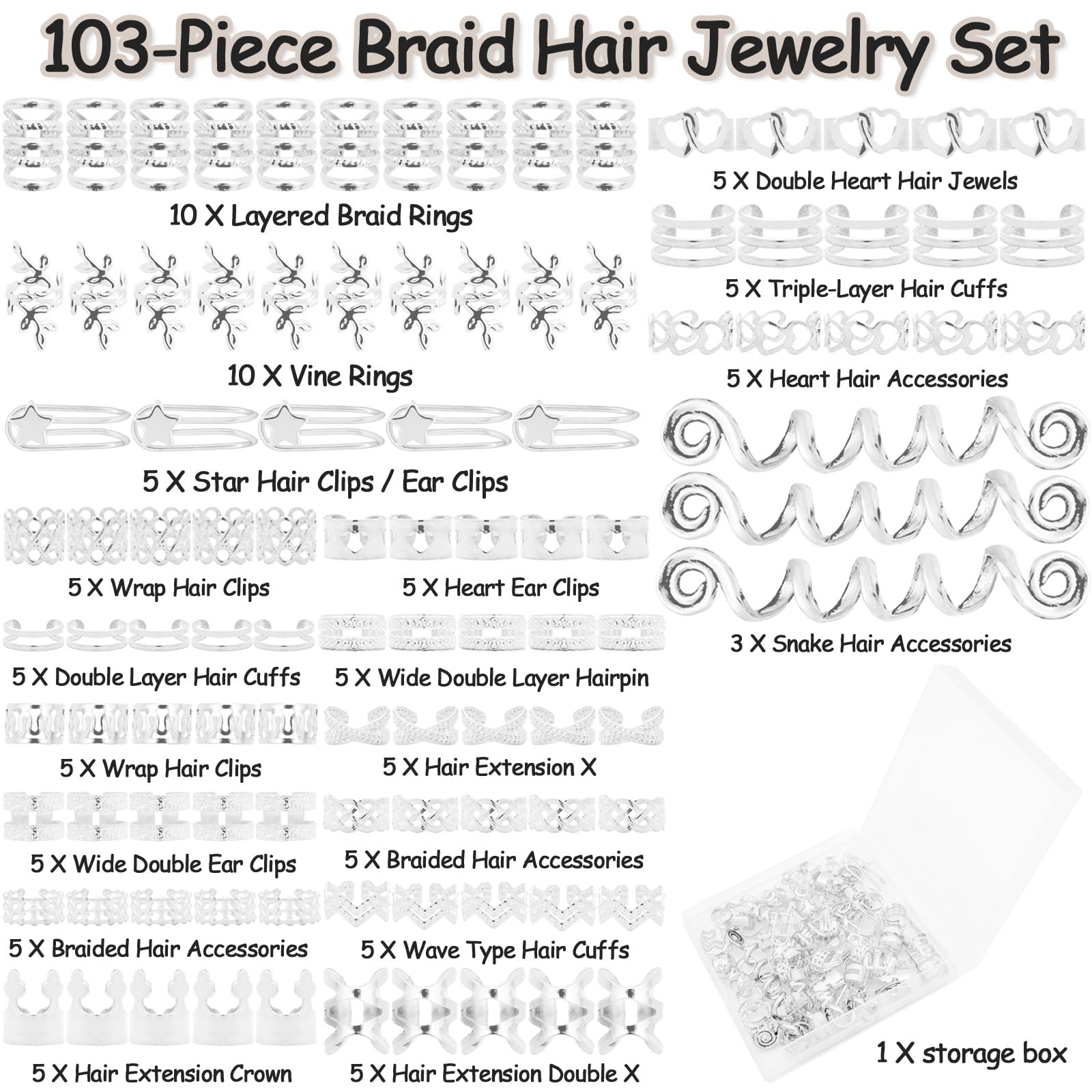 103 piezas de joyería plateada para el cabello para trenzas, puños y anillos para el cabello, joyería Loc para mujeres negras, accesorios de metal plateado para el cabello, decoraciones de 5