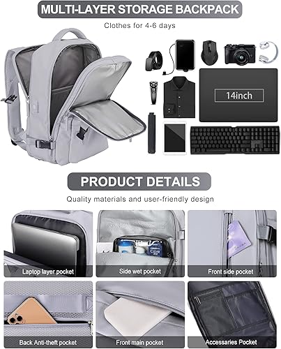 Miniatura 5 de VGCUB - Mochila grande para viaje, trabajo, negocios, mochila para laptop aprobada como equipaje de mano para vuelos, unisex, Gris, Grande, Large (4