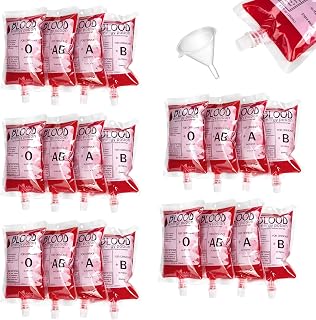 20 Pack Blood Bags for Drinks, 8.5oz Anti-Leak Drink Bags with Caps Food Grade Drinking Pouches for Halloween Decoration, Nurse Party Favors, Vampire Zombie Theme Props