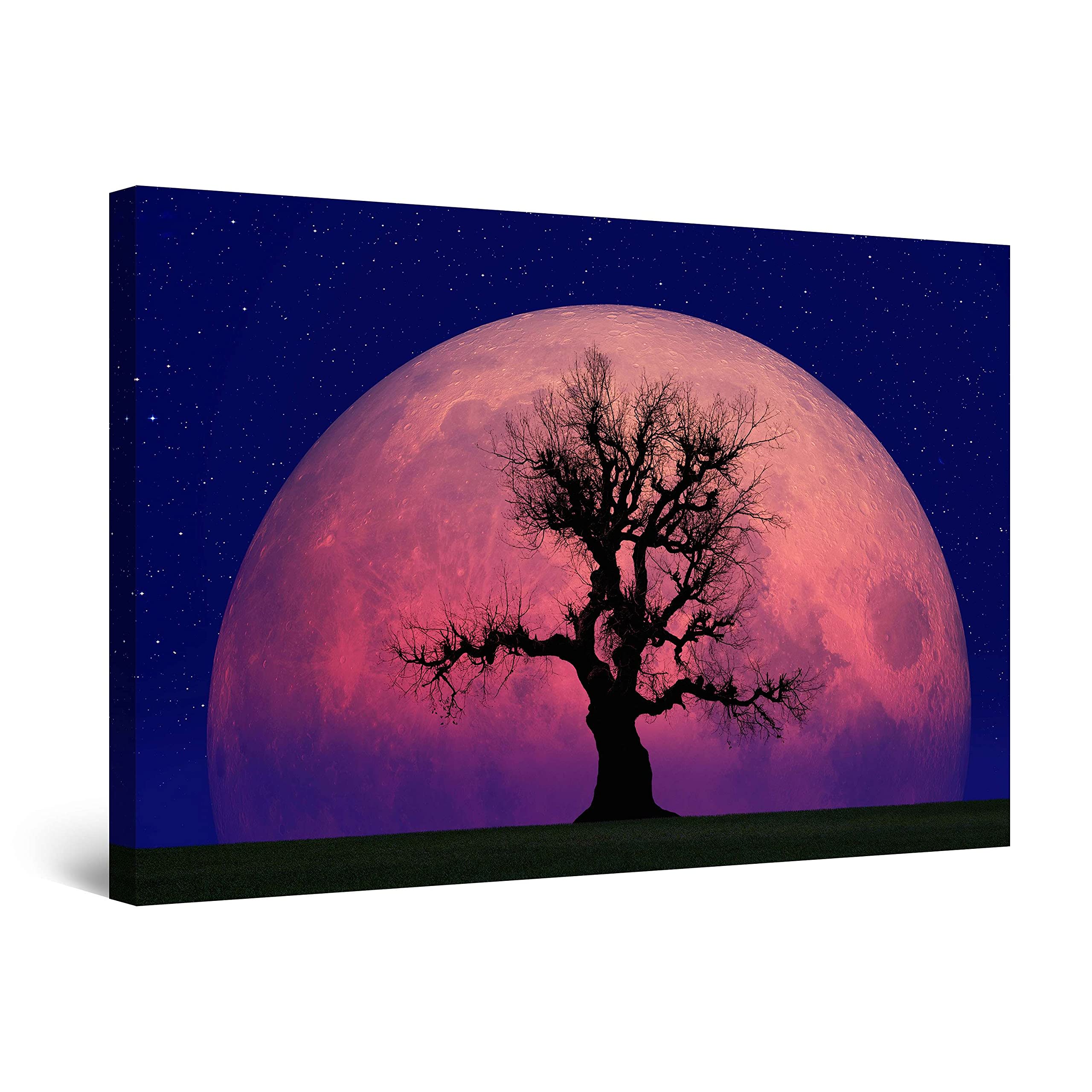 Startonight Purple Pink Moon Canvas Wall Art - Purple Moon And Tree - Stretched Print, Modern For Bedroom Or Living Room, Office Unique Luminous Artwork 80 Cm X 120 Cm Day & Night Effect