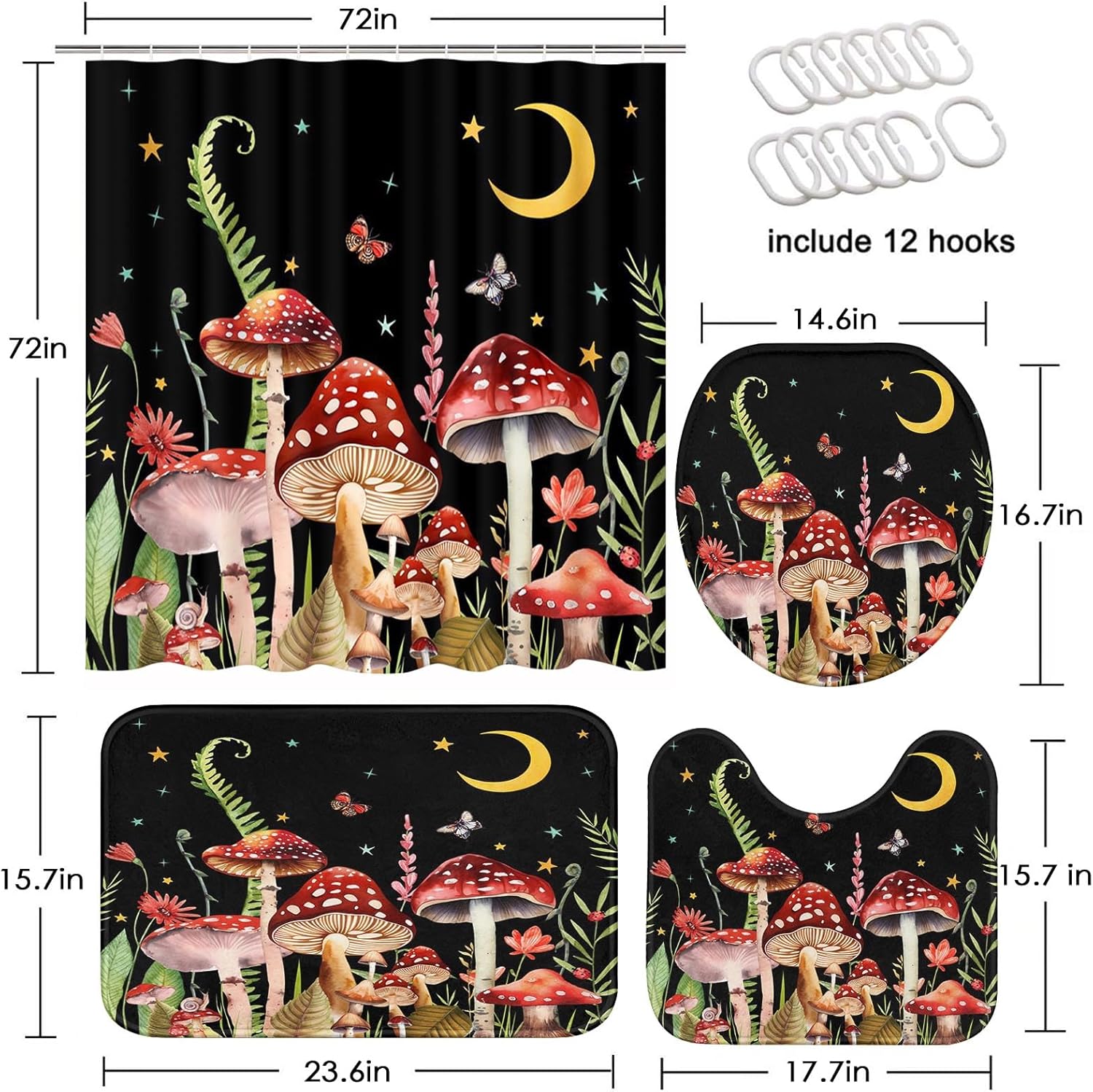 Arttown Mushroom Bathroom Set with Shower Curtain and Rugs Accessories, Black Floral Shower Curtains, Black and Red Bathroom Decor 4 Pcs