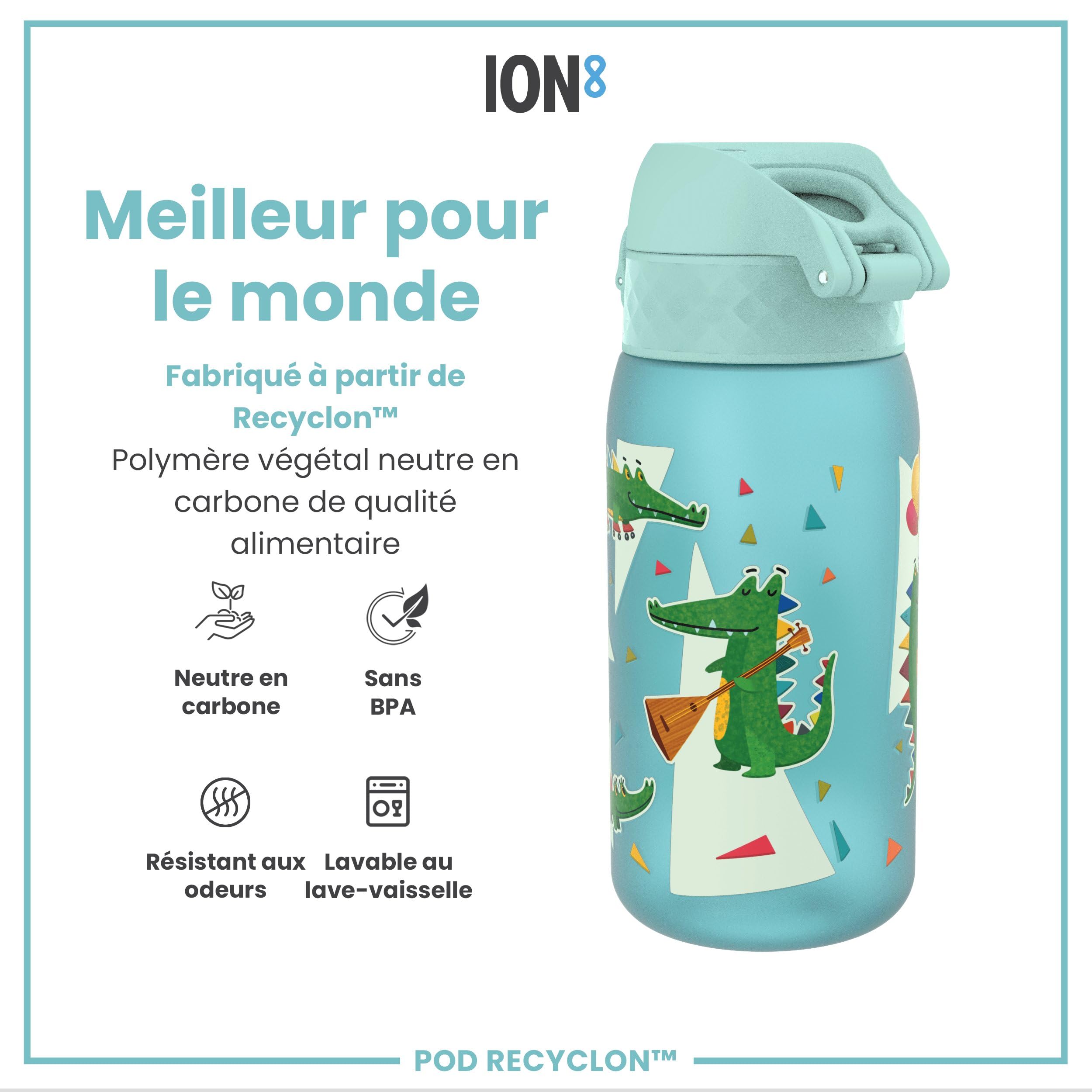 ION8 Gourde Enfant, 350ml, Anti-Fuite, Facile à Ouvrir, Verrouillage Sécurisé, Lavable en Lave-Vaisselle, Sans BPA, Poignée de Transport, Facile à Nettoyer, Carbone Neutre, Motif Crocodiles
