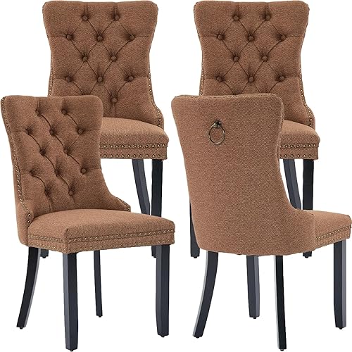 Miniatura 21 de Juego de 6 sillas de comedor modernas, sillas de comedor tapizadas con patas de madera maciza, silla decorativa de terciopelo camello, Sillas de 02-