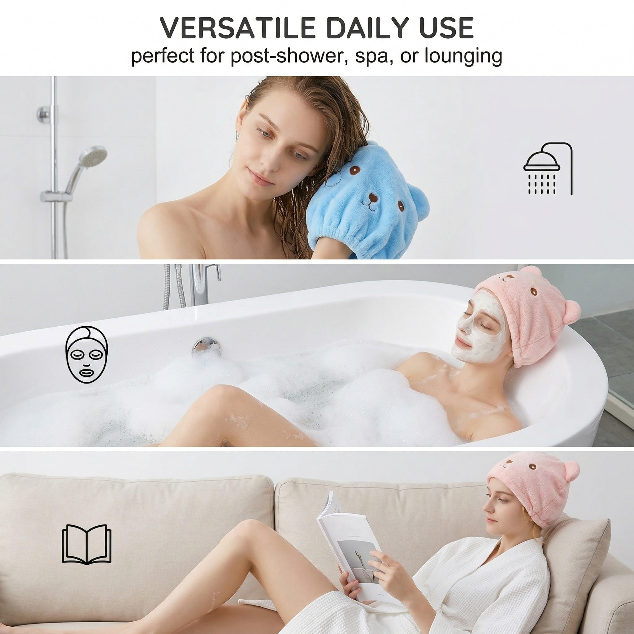 Set di 2 Turbanti in Microfibra per Capelli, Asciugamani a Cuffia Orsetto a Asciugatura Rapida, Cuffia Absorbente e Morbida per Donna e Bambini, Accessorio Bagno (Rosa e Nero)