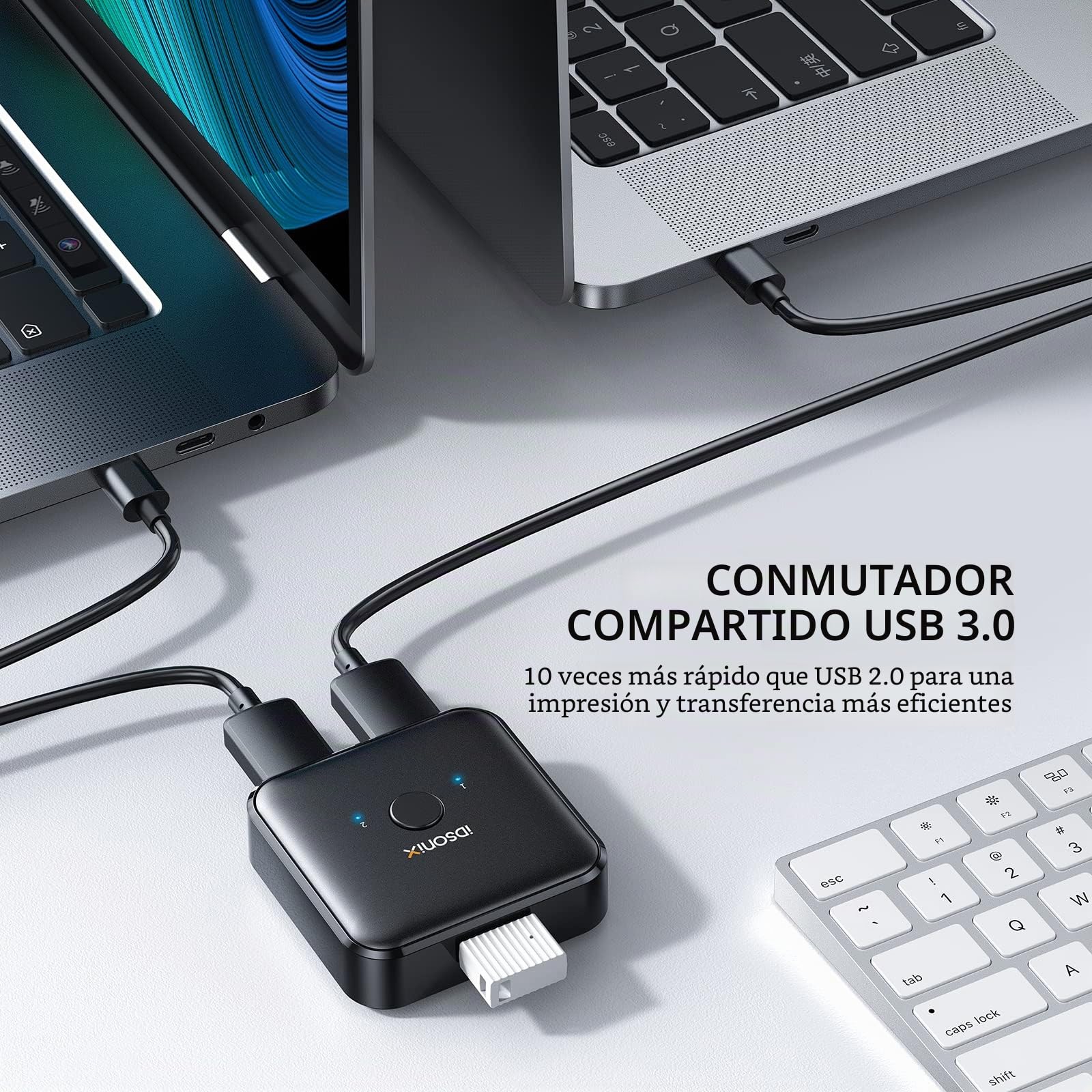 iDsonix USB 3.0 Selector de Interruptor, USB Switch 2 en 1 Salida (1 en 2 Salida) Bidireccional 2 USB Sharing Switch para PC, Impresora, escáner, Teclado