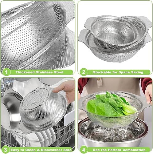Miniatura 3 de Cuenco colador de arroz, juego de 6 coladores de acero inoxidable, colador de arroz de 3 cuartos de galón, 4 cuartos de galón  5 cuartos de galón  5