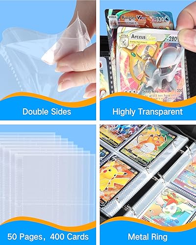 Miniatura 5 de Carpeta de 4 bolsillos para tarjetas coleccionables con 400 tarjetas, 3 anillos para Pokemon, TCG, juegos, deportes, hockey, fútbol