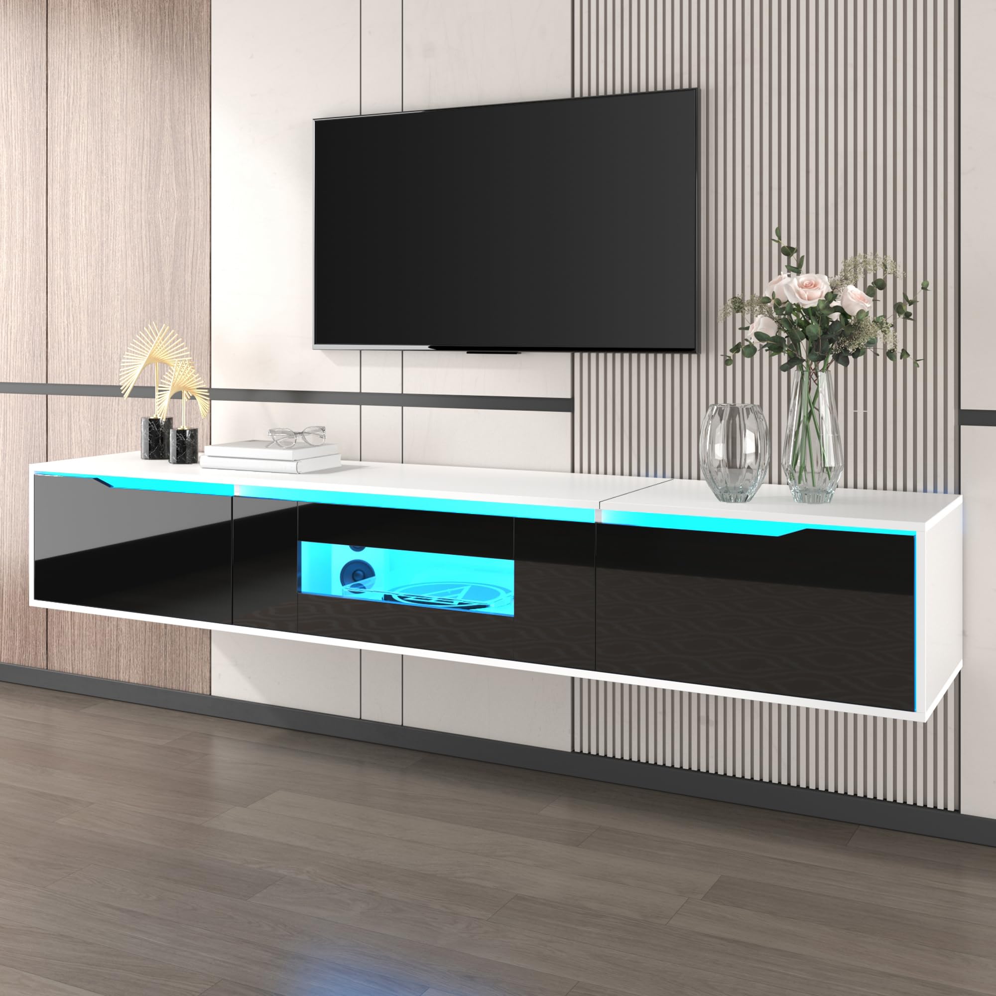 Merax Meuble TV LED Mural 180 cm, Meuble télé Suspendu Brillant Noir et Blanc avec éclairage 16 Couleurs, 4 Modes de lumière, Design Moderne, Portes rainurées, Fixation Murale