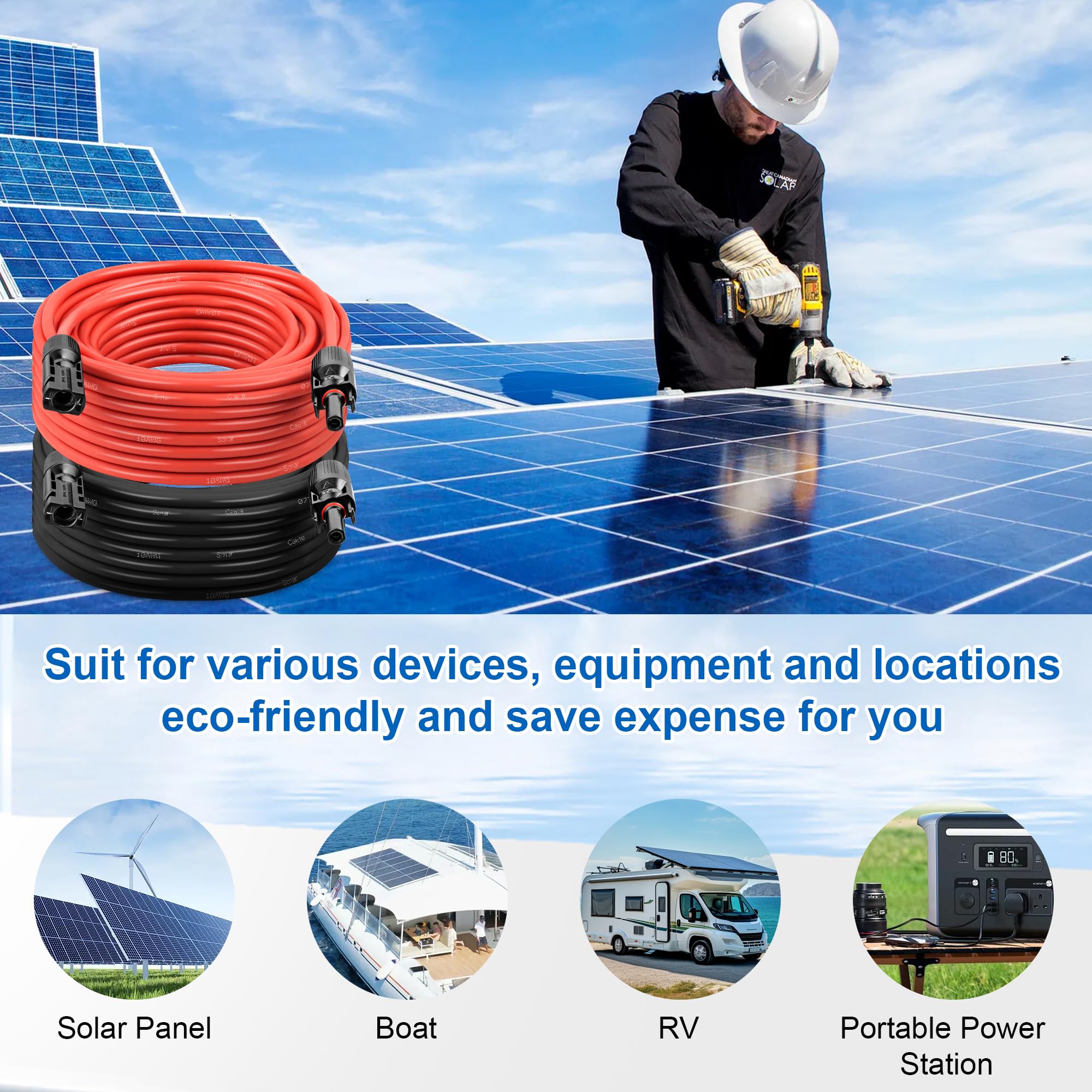 Cable de extensión solar de 10 AWG, conector MC4 único de 100 pies