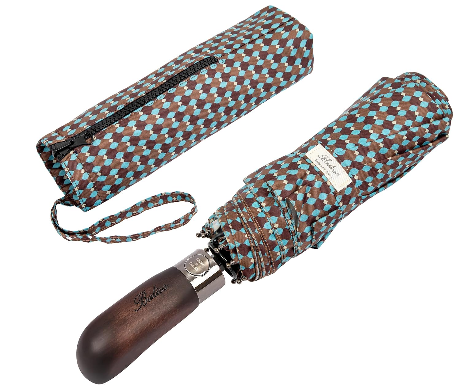 Balios Travel Folding Umbrella with Real Wood Handle Auto Open Close Vented Windproof Canopy - Designed in UK