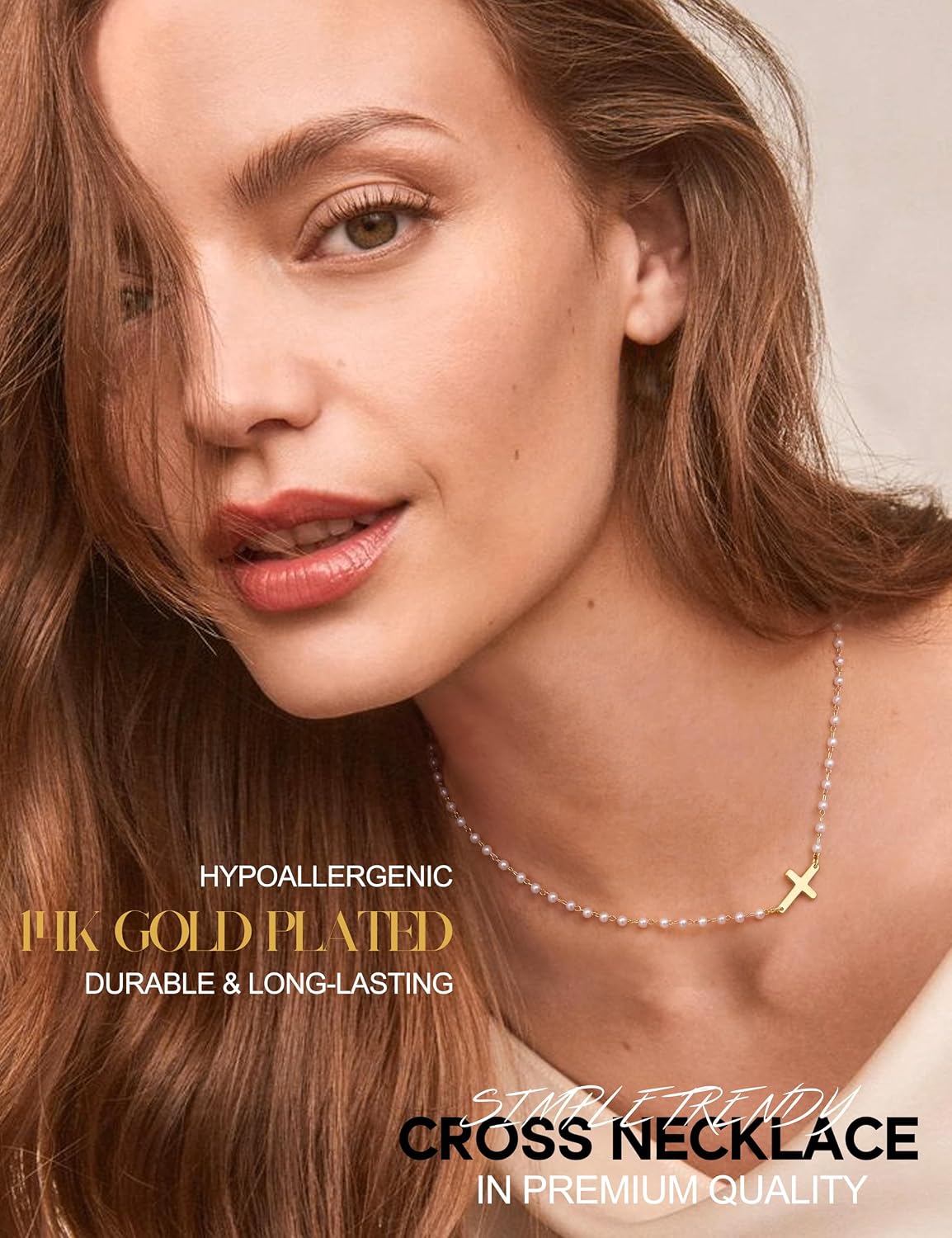 ADRAMATA Pearl Cross Necklace for Women - 14K Gold Plated Small Cross Pendant Choker Necklace Trendy Dainty Religious Baptism Wedding Faith Jewelry Gifts