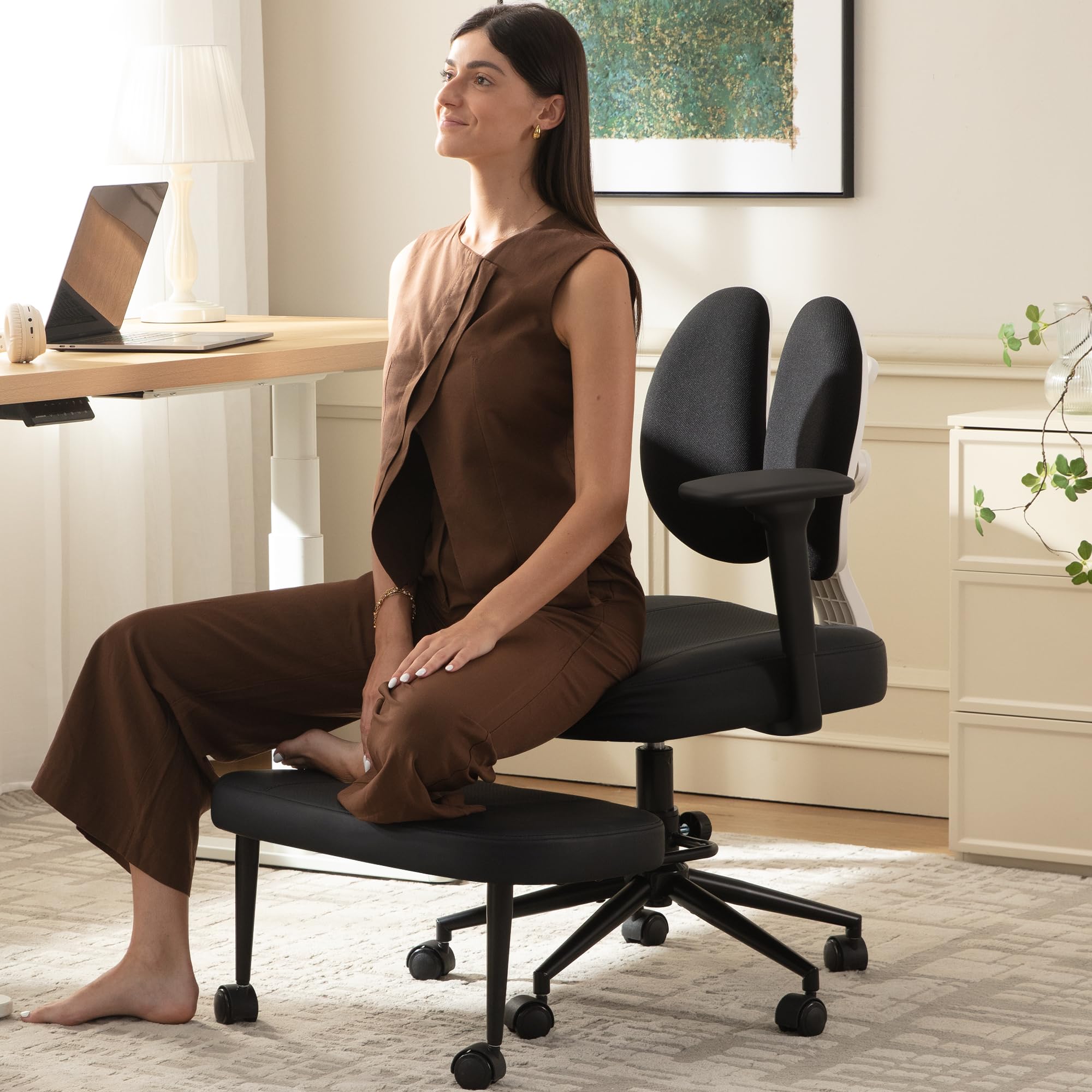 Photo 1 of AreShark Criss Cross Office Chair with Armrest Wheels & Stretchable Rotating Footrest, Ergonomic Cross Legged Swivel Chair with Back Support& Adjustable Height for Yoga Kneeling Meditation Home Office