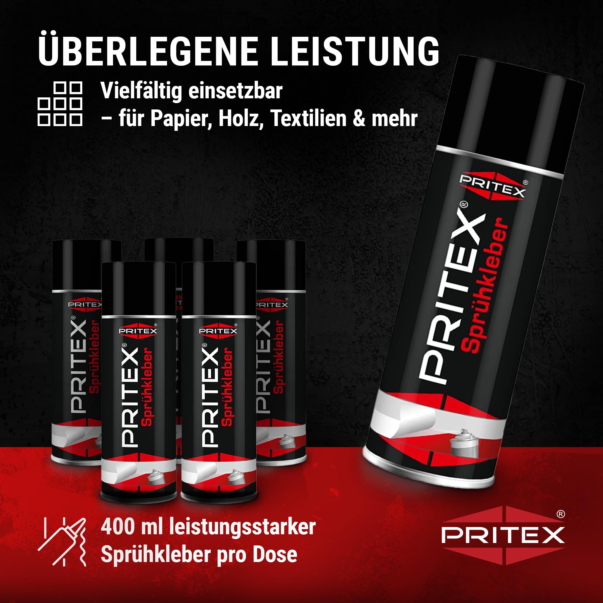 PRITEX – Sprühkleber 48x 400 ml für KFZ, Handwerk, Modellbau, DIY & Haushalt – Kleber Spray mit hoher Sofortklebekraft für Papier, Karton, Holz, Kork, Leder, Textilien, Schaumstoff, Gummi & Kunststoff