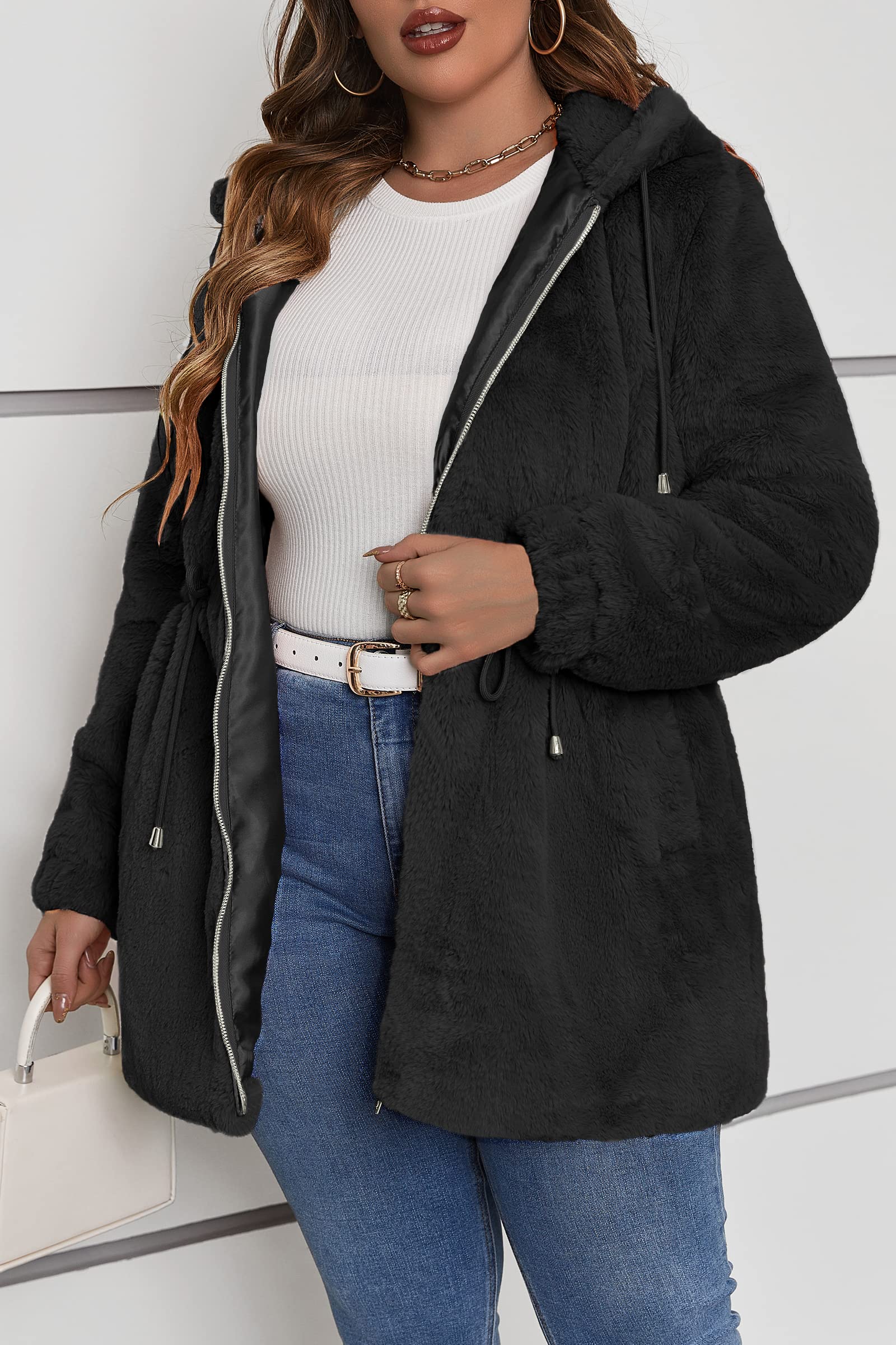 Geschallino Abrigo de Piel Sintética para Mujer Talla Grande Invierno Largo de Sherpa Esponjoso Capucha Chaqueta Polar