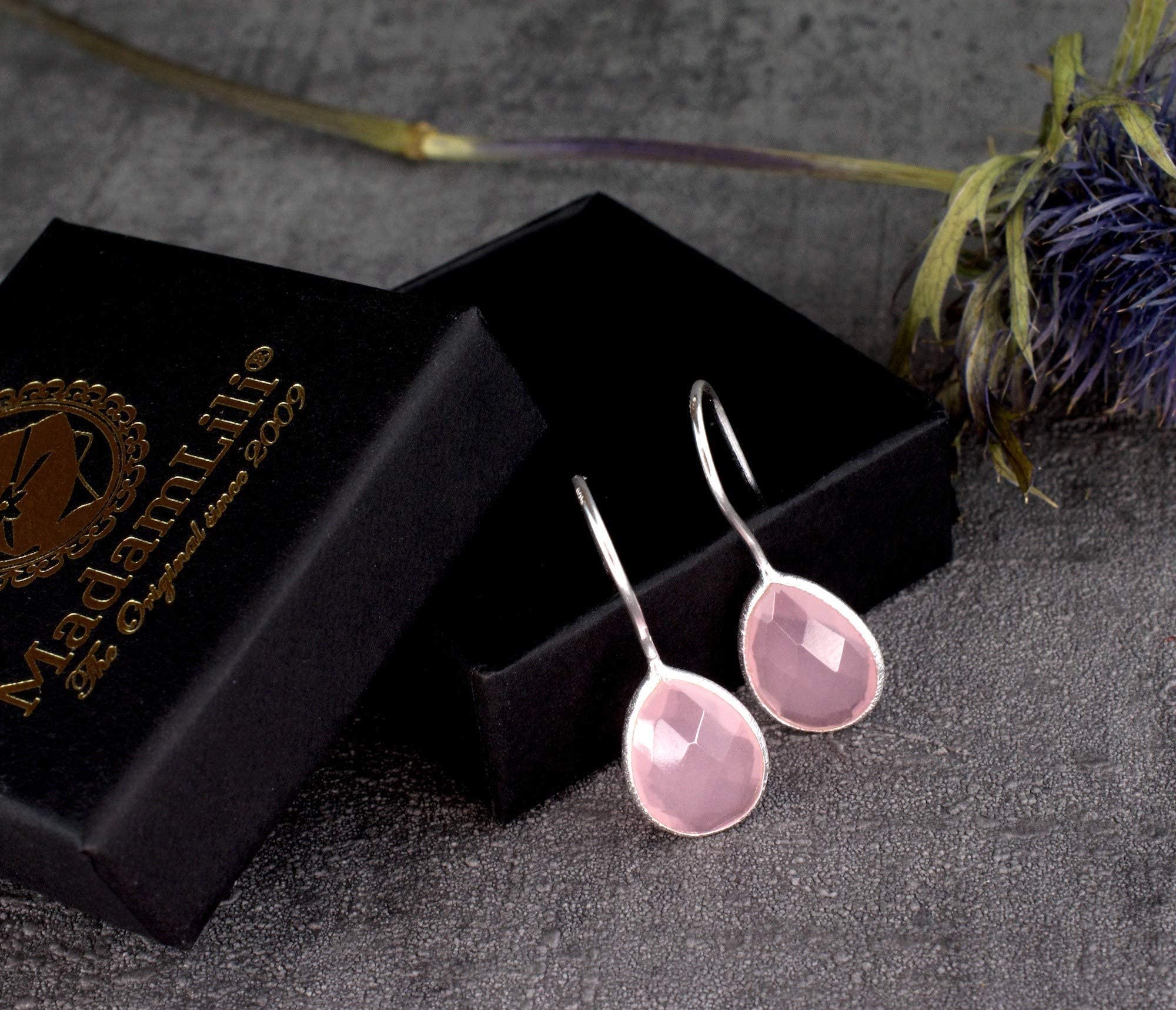 MadamLili - Ohrringe Rosenquarz Edelstein - 925 Sterling Silber - Handgefertigt - Hängende Rosa Echtsilber Ohrhänger - Exklusive Schmuckbox