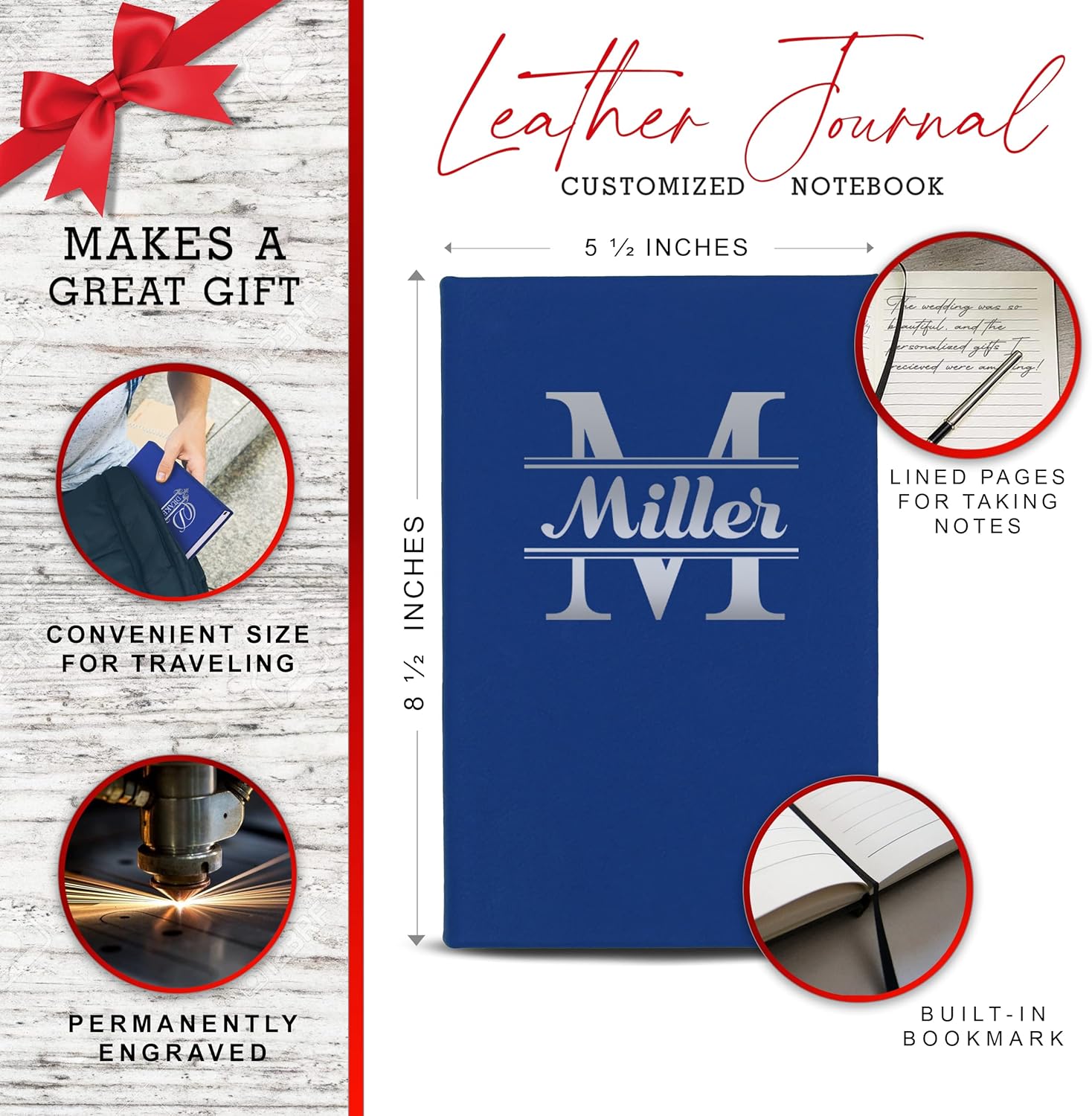 The Wedding Party Store Personalized Journal Notebook - Custom Engraved Travel Writers Gift for Women Men Kids Teachers Students (Blue with Silver)