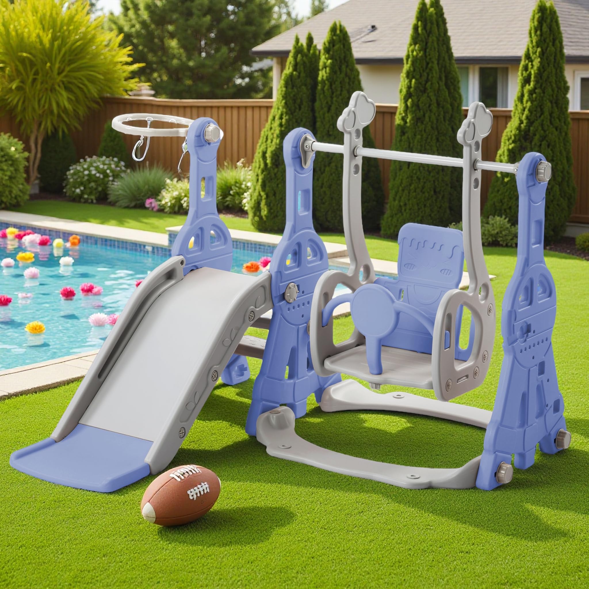 Kinderrutsche Outdoor 4-in-1,Multifunktionale Kinder Rutsche mit Schaukel,Basketballkorb und Kletterleiter,Freistehende Rutschen Für Kinder,Ideal für drinnen und draußen (Blau)