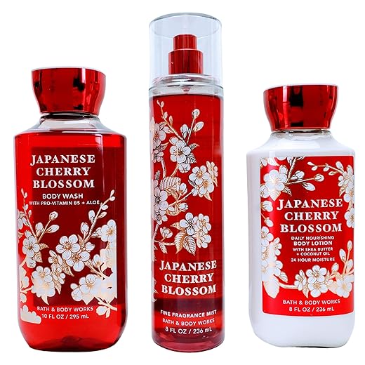 Bath & Body Works Japanese Cherry Blossom Set - Shower Gel 10 oz, Fragrance Mist 8 oz, Body Lotion 8 oz