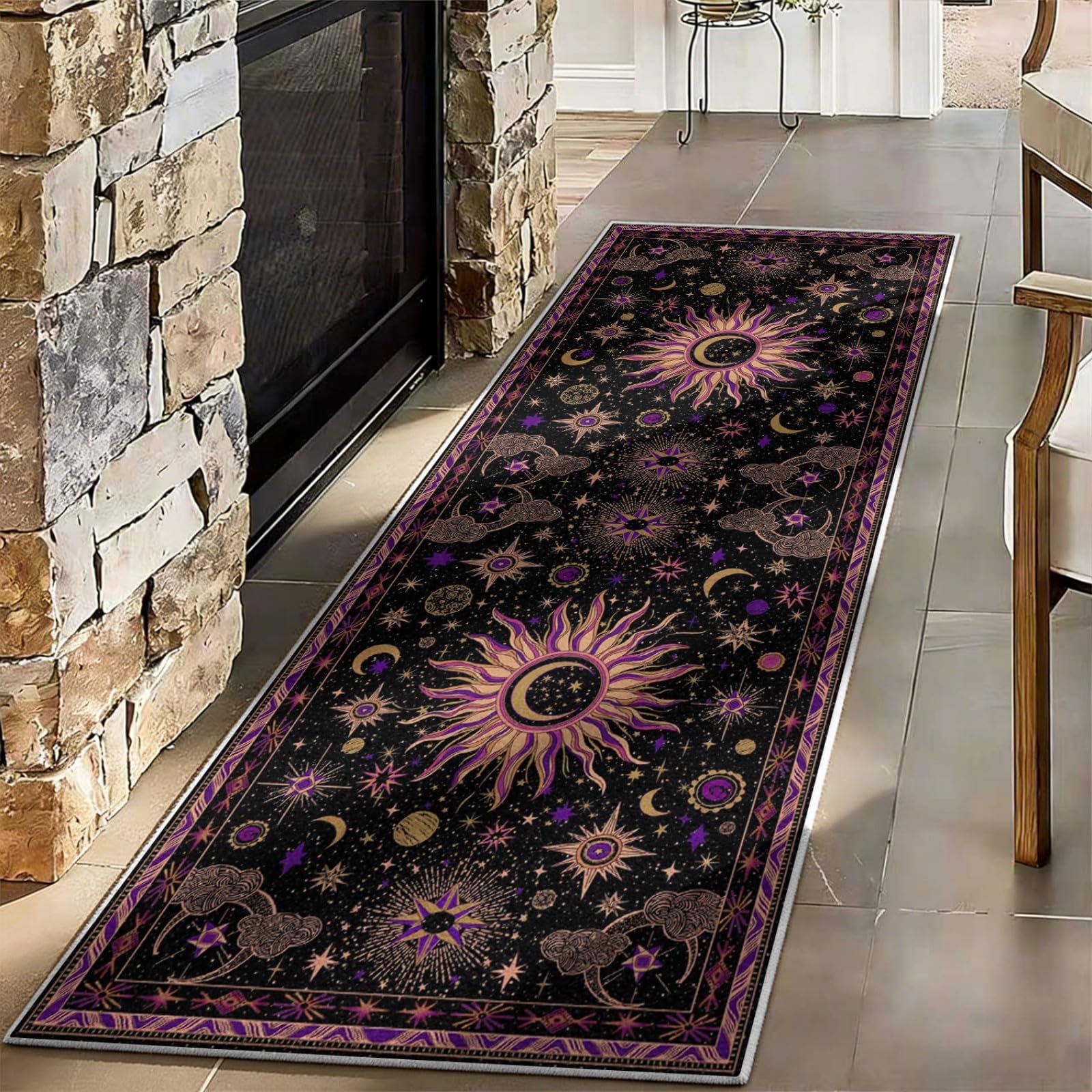 WAOTMN Sun and Moon Hallway Runner Rug,60x180cm,Boho Celestial Moon Phase Low Pile Washable Carpet Runners,Pet Friendly Easy Clean Thin Carpet for Entrance Kitchen Long Strip Hall Runners