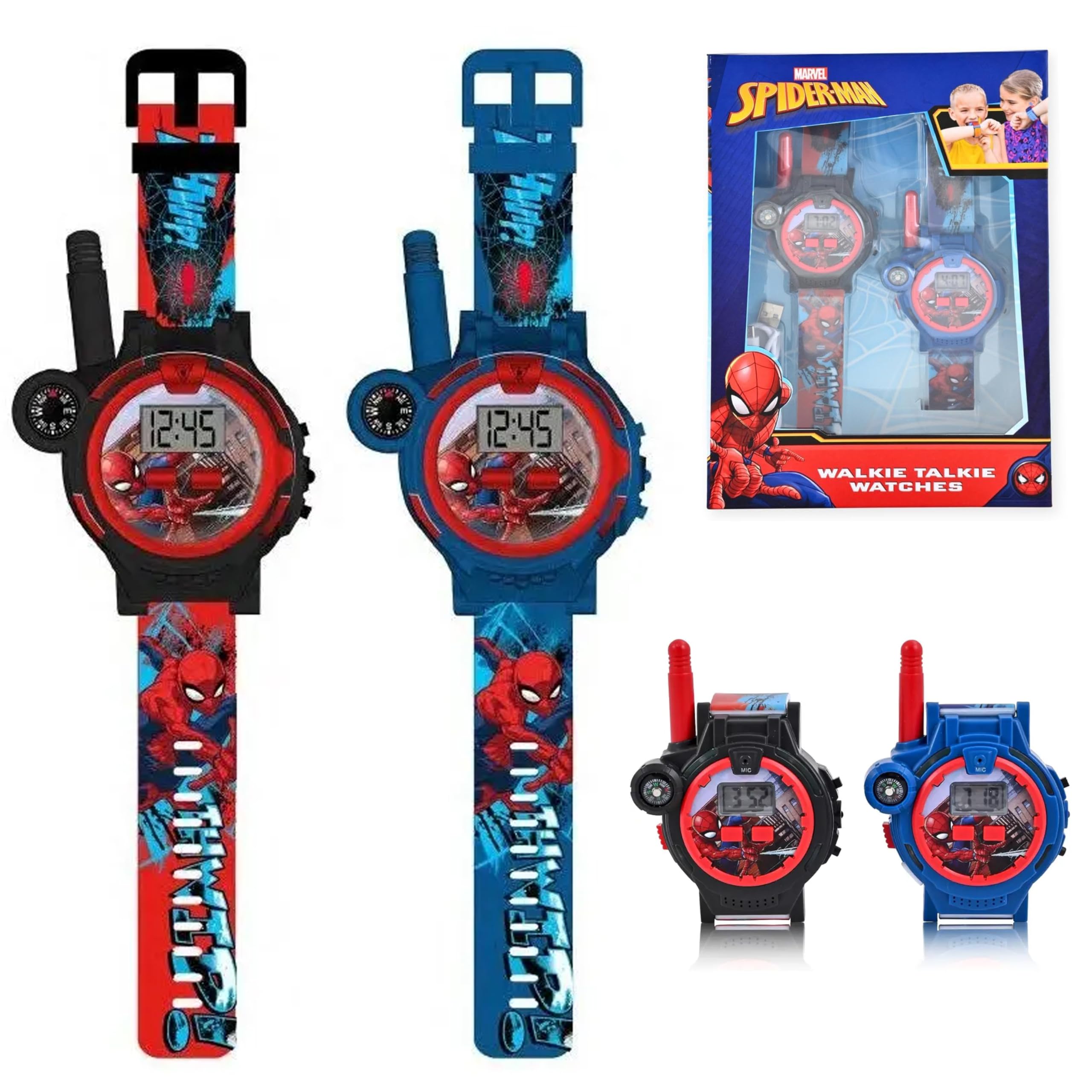 Spider Man Walkie Talkie Watch Set for Boys and Girls, 2-Pack Superhero Watches with Push-to-Talk, Rechargeable Battery, LED Light, Analog Display, Compass & Long Range Communication