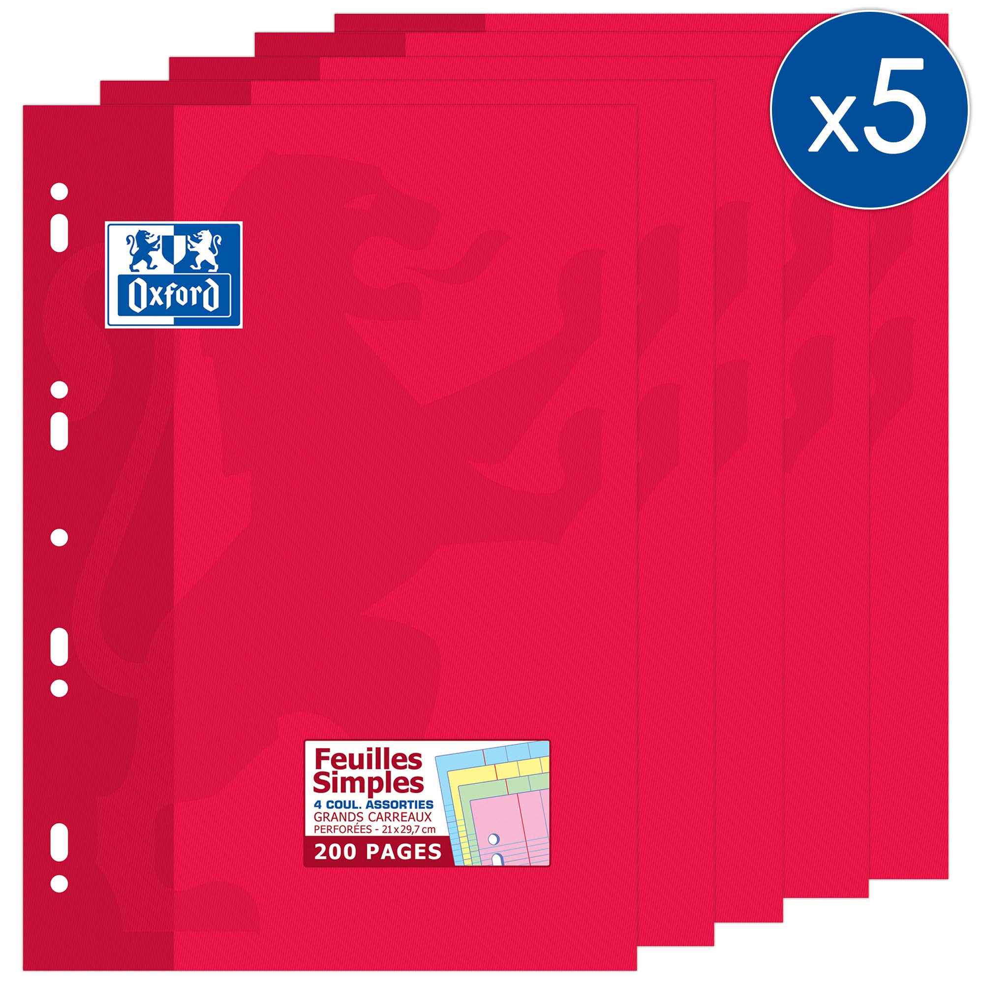 Oxford Lot de 5 Etuis 200 Pages Feuilles Simples 4 Couleurs A4 Grands Carreaux Seyès Etui Carte Rouge 100105449_PAC