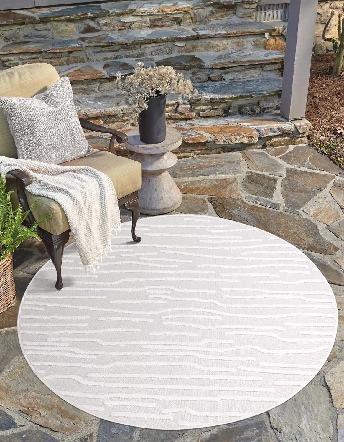 carpet city In-& Outdoor Teppich - Rund 120 cm - für Innen-& Außenbereich - Wetterfest Balkon-Teppich, Terrasse, Flur, Küche - Wohnzimmer-Teppiche - Hochtief/ 3D-Effekt - Streifen-Muster in Creme