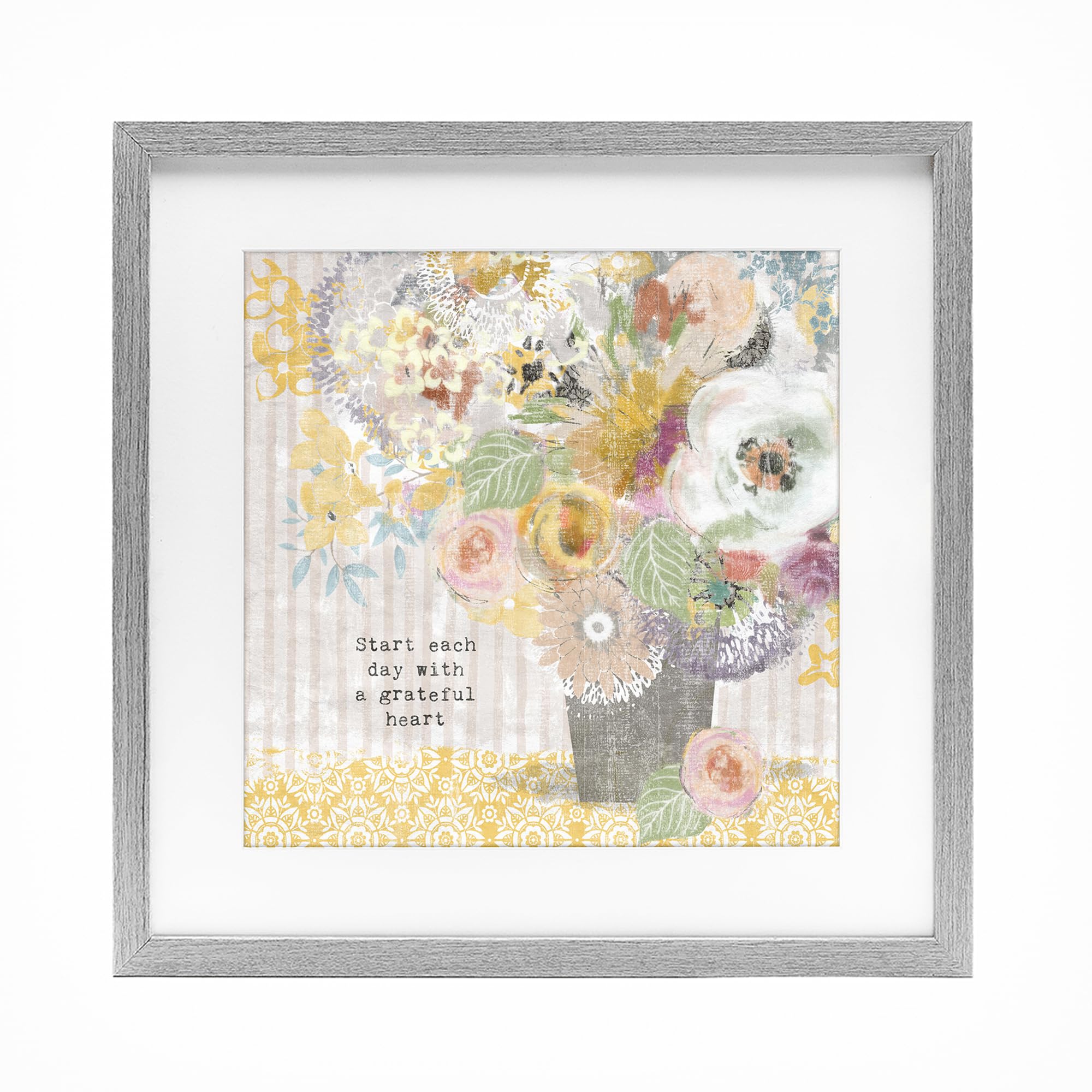 Stupell Industries Farmhouse Gray (Textured) 'Floral Inspirations Grateful Heart'| Framed Print Under Glass