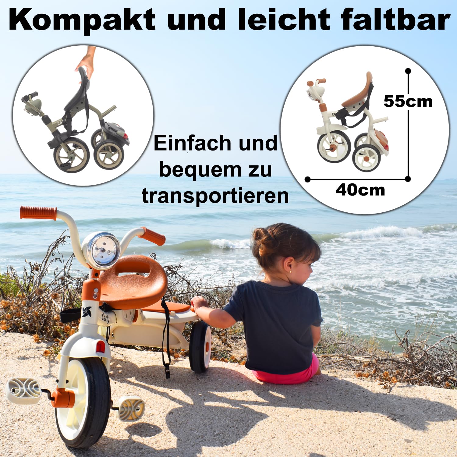 Twinly Evolutionäres Baby-Dreirad, faltbar, für Kinder von 1-5 Jahren, leicht und kompakt, Lenker mit Licht und Sound, Korb und verstellbarer Schiebestange Carly (Minze)