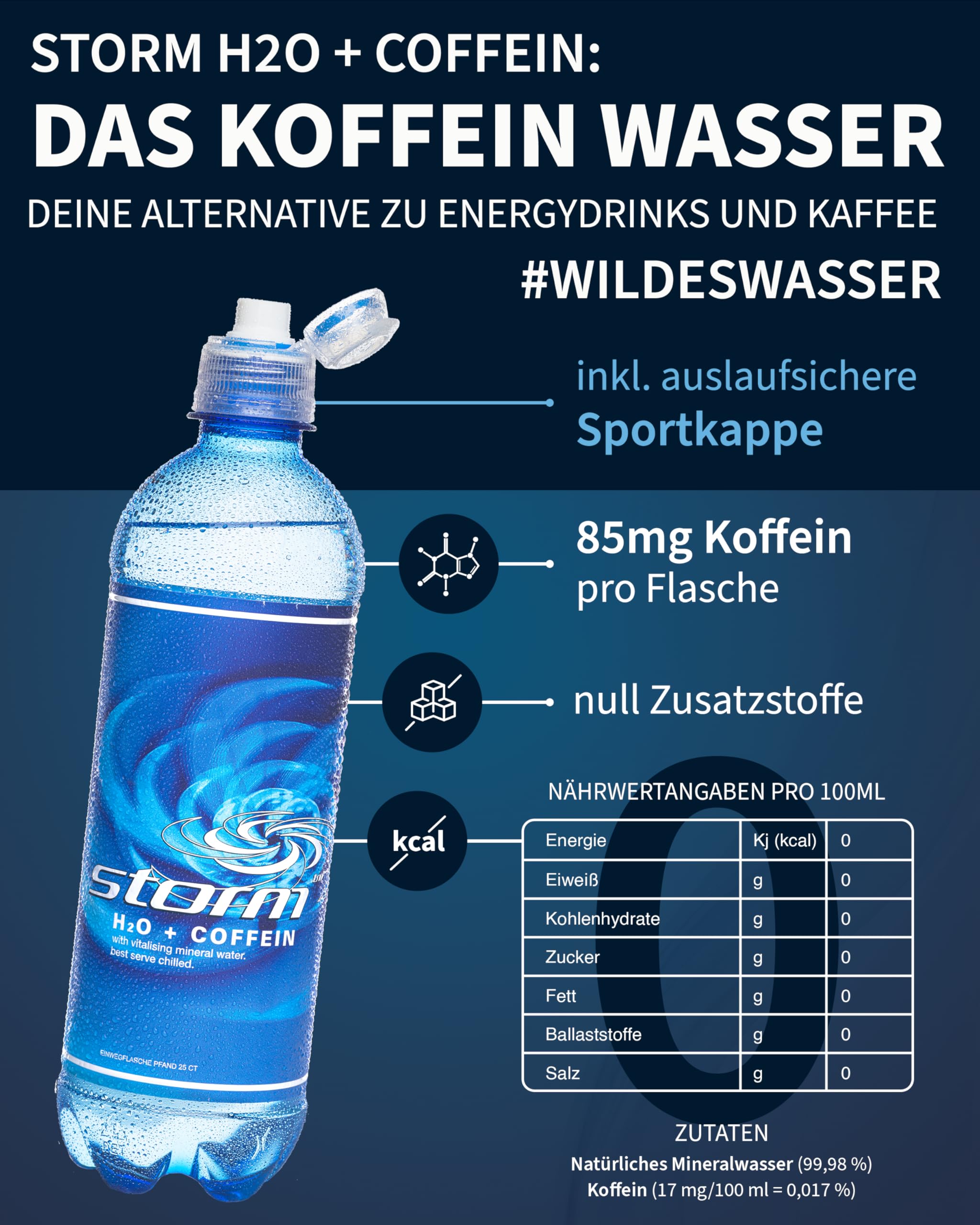 STORM Koffein Wasser 24x 500ml PET-Flasche koffeinhaltiges Mineralwasser ohne Zucker, ideal für Festival, Kaffee Getränke Alternative Energy Coffein, Lebensmittel kalorienarm ohne Zusätze 6,00 € Pfand