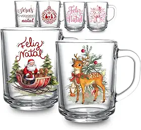 Kit 2 Canecas Especial Natal 225ml Vidro Decorativa Jesus Rosa Vintage Fim De Ano Papai Noel Presente (Vintage)