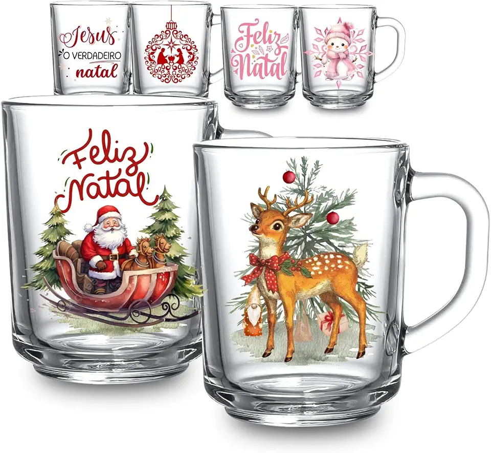 Kit 2 Canecas Especial Natal 225ml Vidro Decorativa Jesus Rosa Vintage Fim De Ano Papai Noel Presente (Vintage)