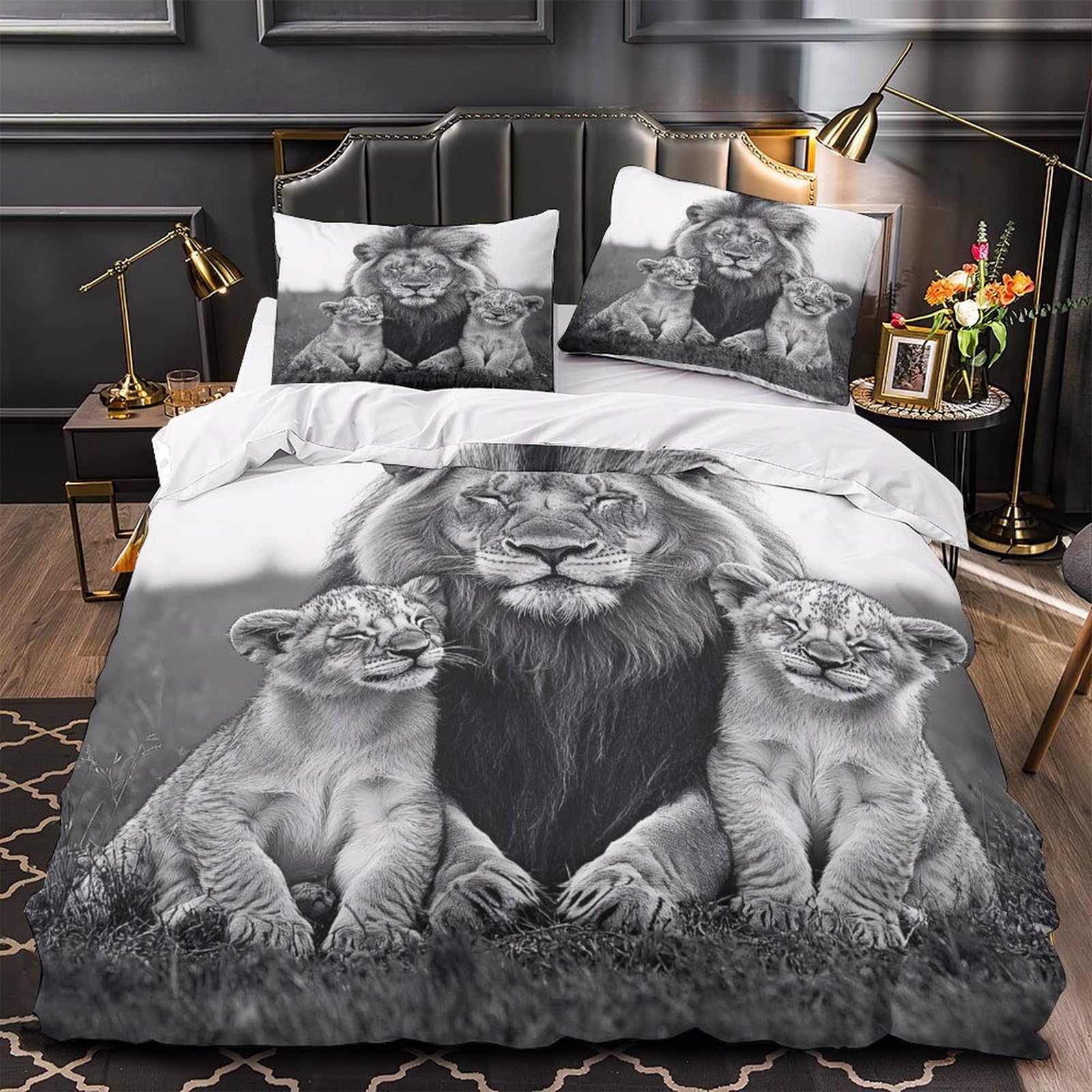 Housse de couette lion 3D noir et blanc pour décorer une chambre d'enfant sauvage