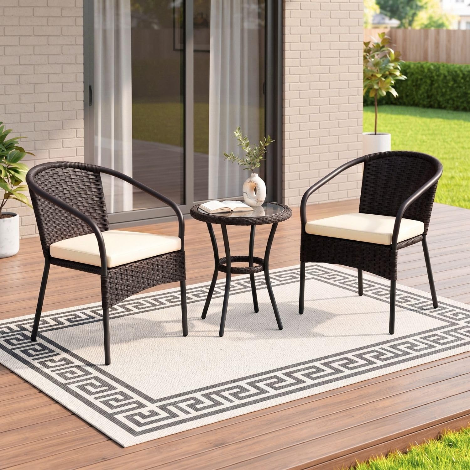 devoko 3 piece outdoor wicker patio furniture set with 2 chairs & center table, sturdy powder-coated metal frame for balcony, garden, terrace & porch (dark brown & cream)