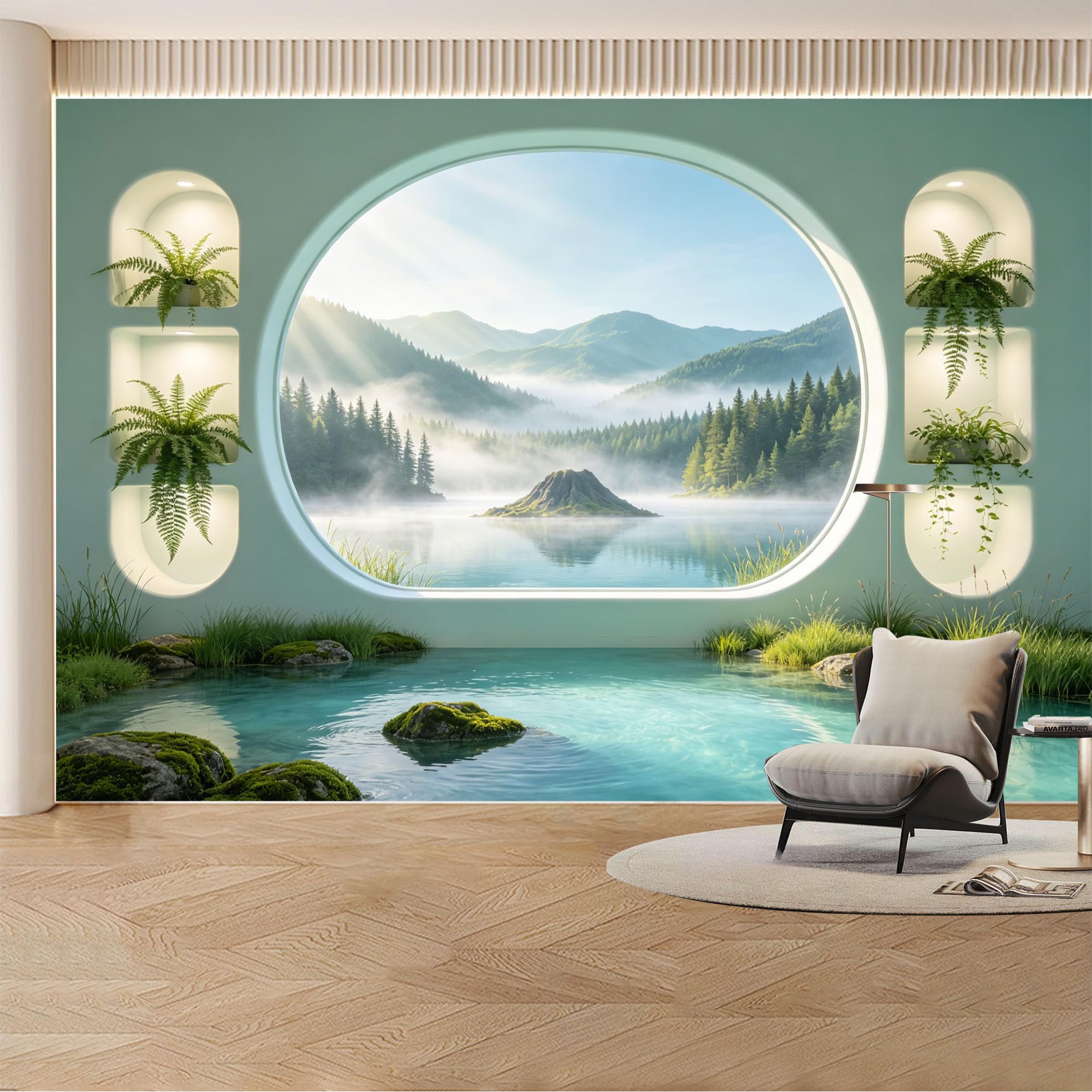 Custom Wall Mural Wallpaper Mountain Lake Forest Landscape Nature Large Wall Art Mural Design Nordic Misty Removable SelfAdhesive Large Photo for Living Room， Bedroom， Office
