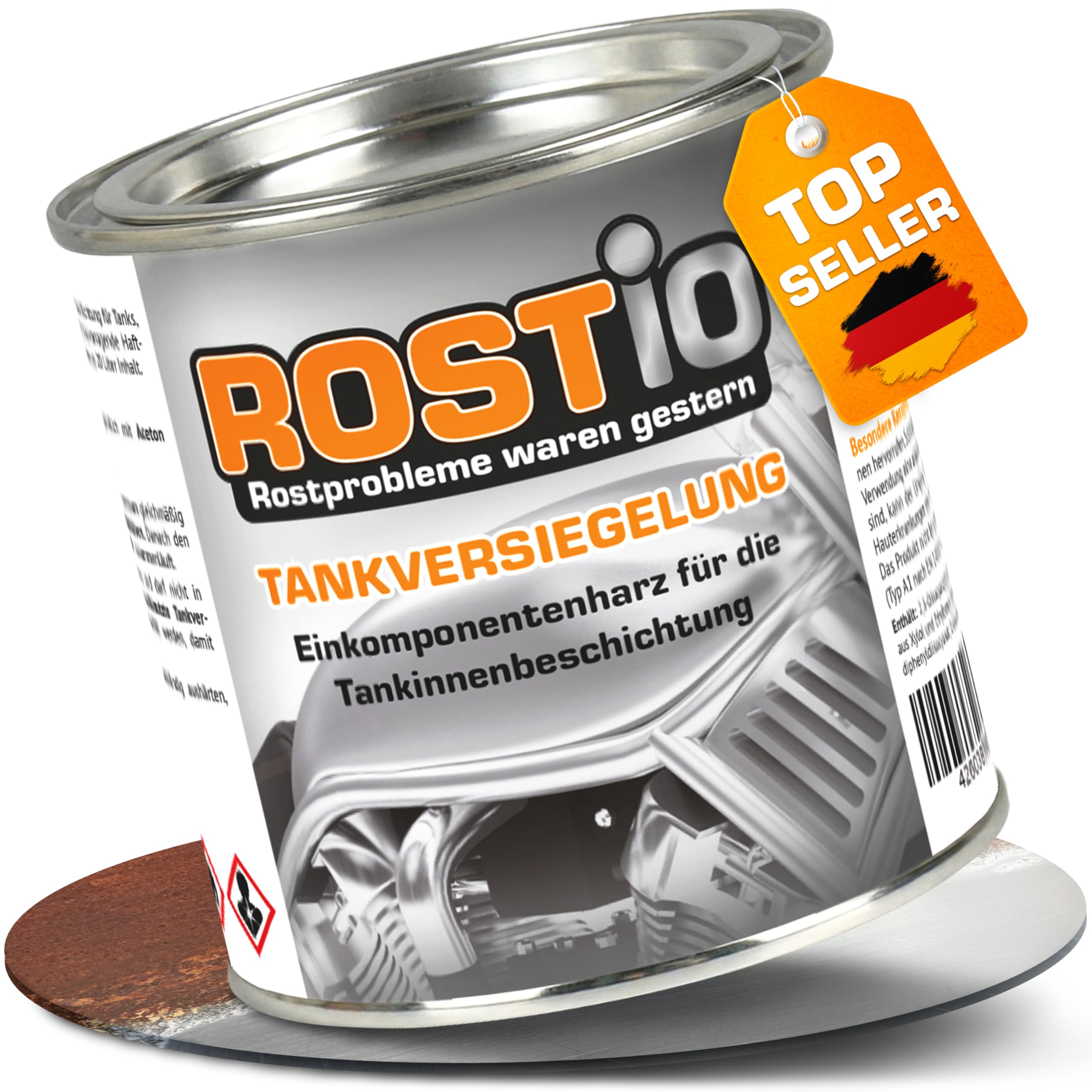 Rostio Tankversiegelung R2105 – 250 ml – Spezialharz für Innenbeschichtung von Metalltanks – transparente bernsteinfarbene Schutzschicht – Korrosionsschutz – bis 30 L Tank – bis zu 3 Schichten