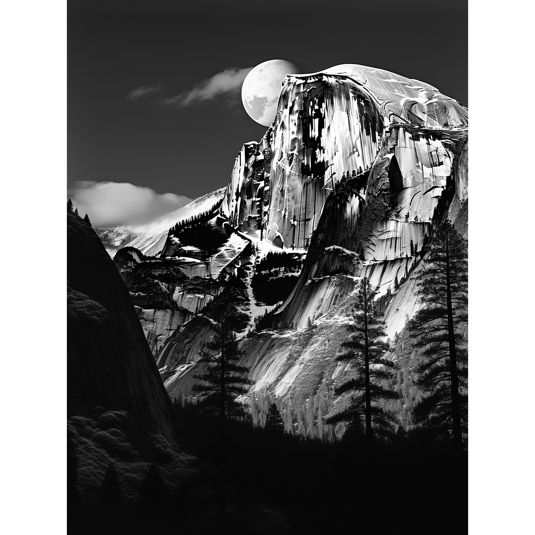 Wall Art Print - Moonrise Behind Half Dome - Yosemite National Park - Black and White Photograph - Full Moon - Mountain Forest Landscape - Poster - W24 x H32 inch