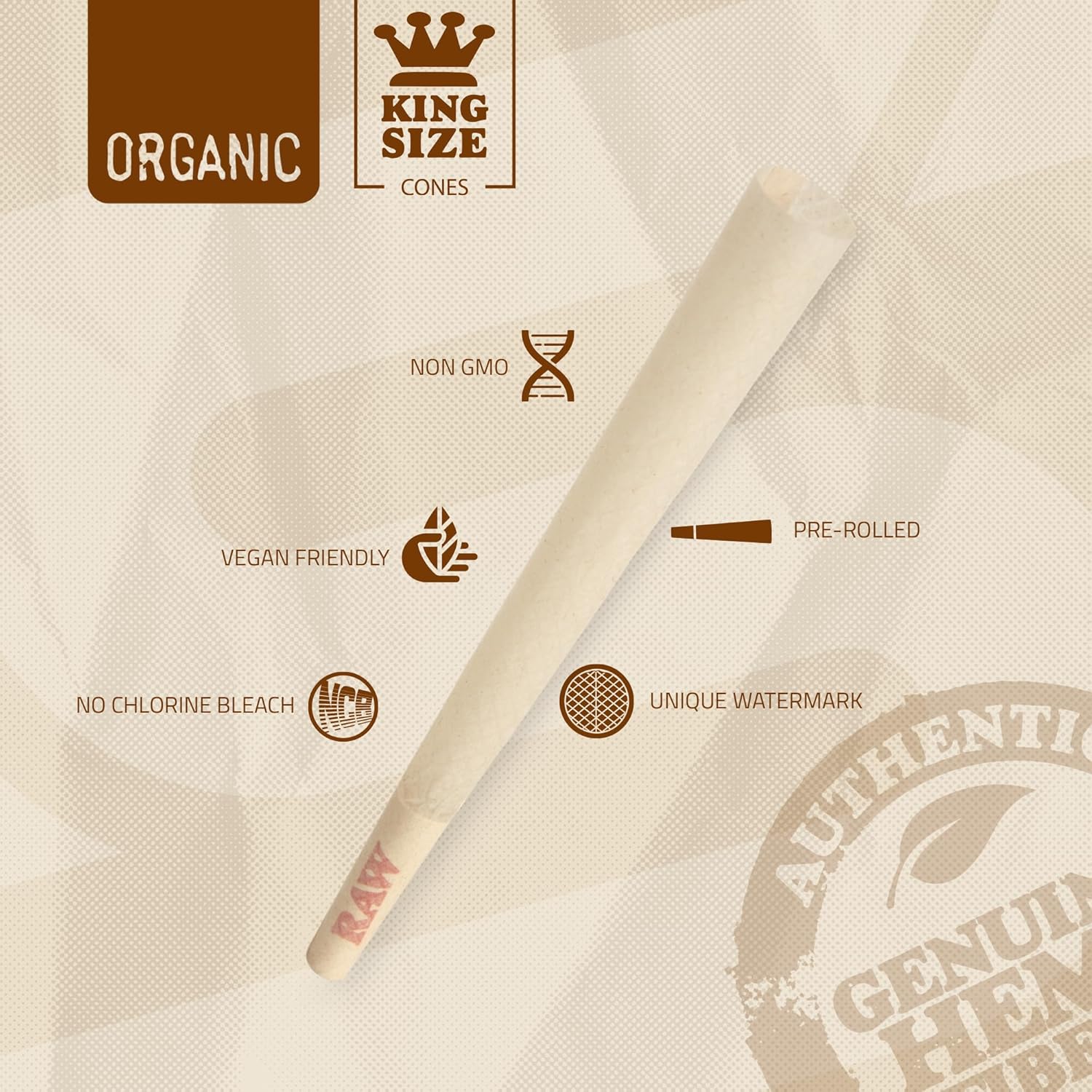 RAW Cones Organic King Size - 100 Pack - Slow Burning Pre Rolled Cones with Tips Included
