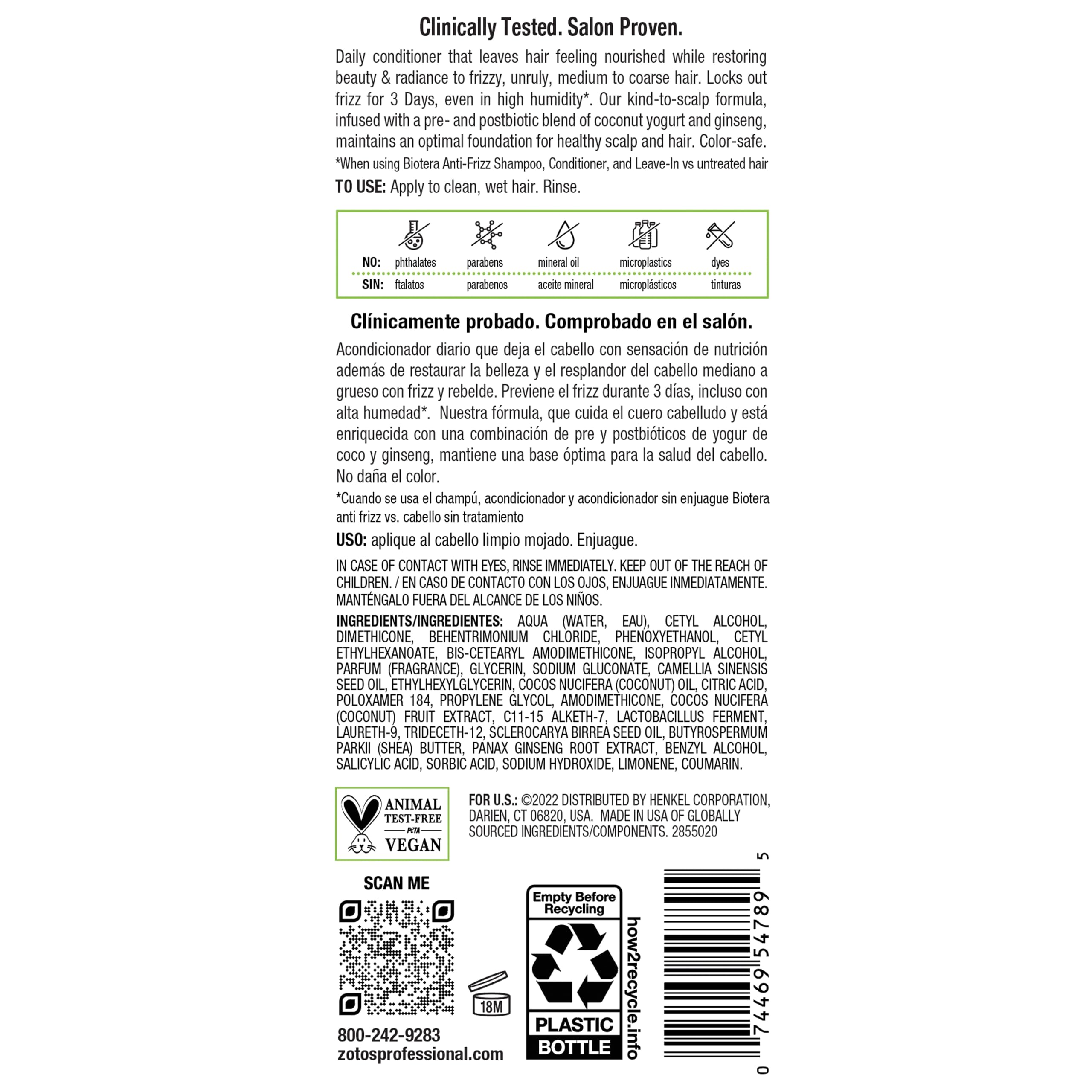 Biotera Anti Frizz Smoothing Conditioner | Smooths & Controls Frizzy, Unruly Hair | Microbiome Friendly | Vegan & Animal Test Free | Paraben Free | Color-Safe